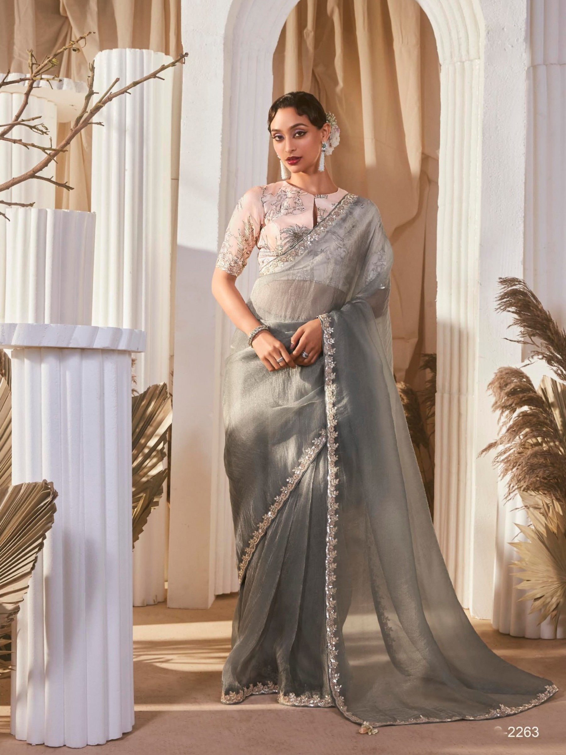Fancy Silk Party wear Saree In Grey Color With Embroidery Work