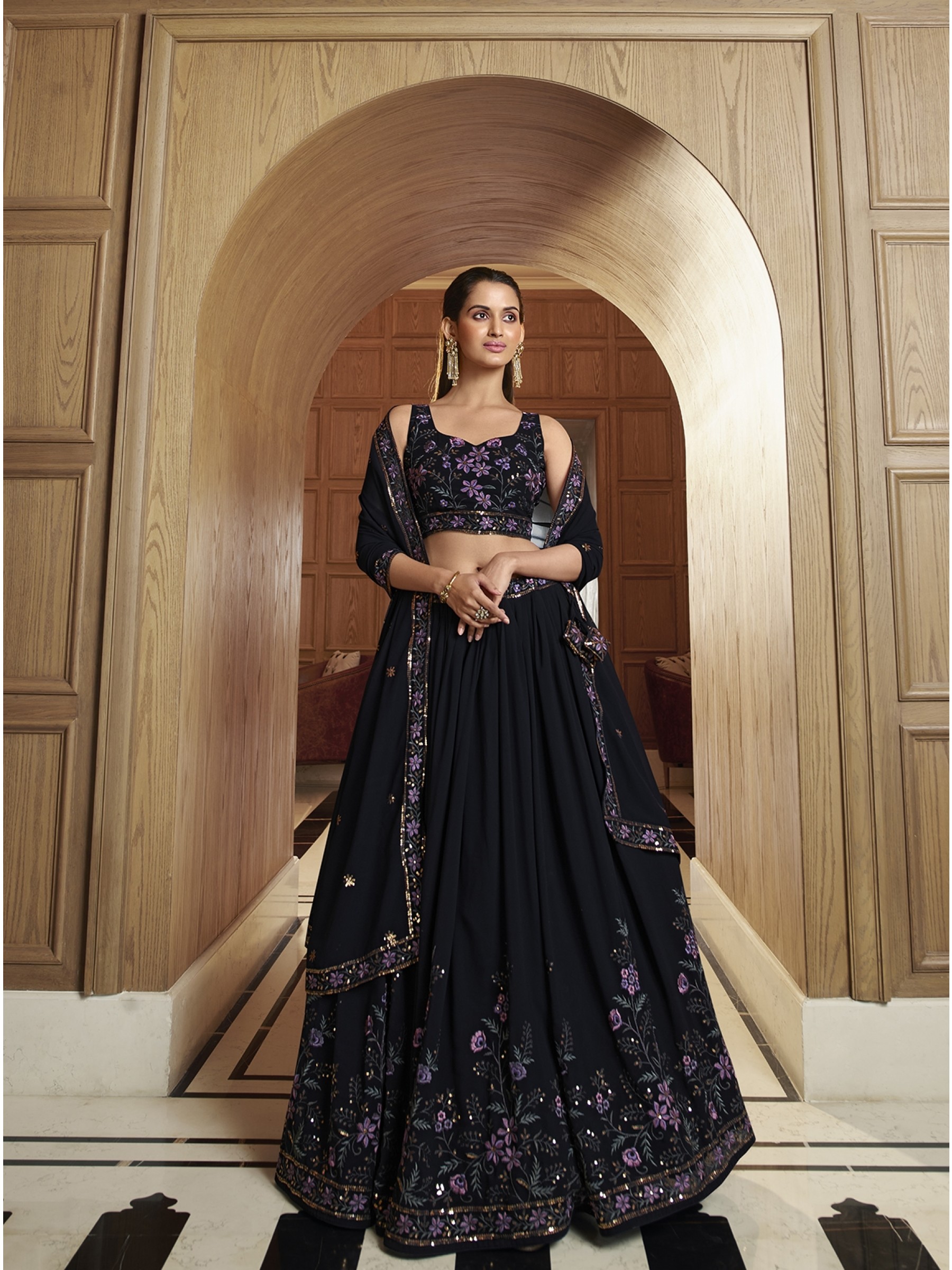 Georgette  Party Wear Lehenga In Blue With Embroidery Work