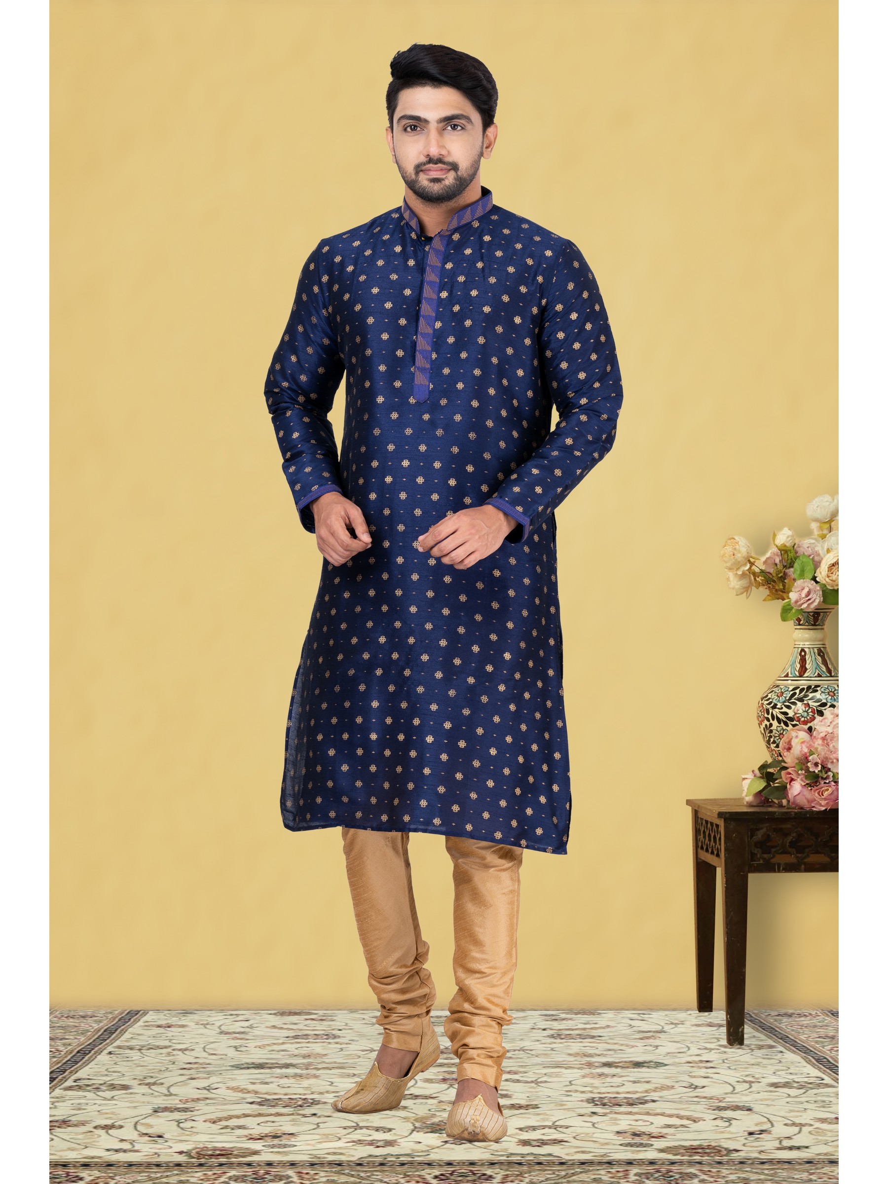 Mal Mal Silk Printed Readymade Kurta set in Navy Blue 