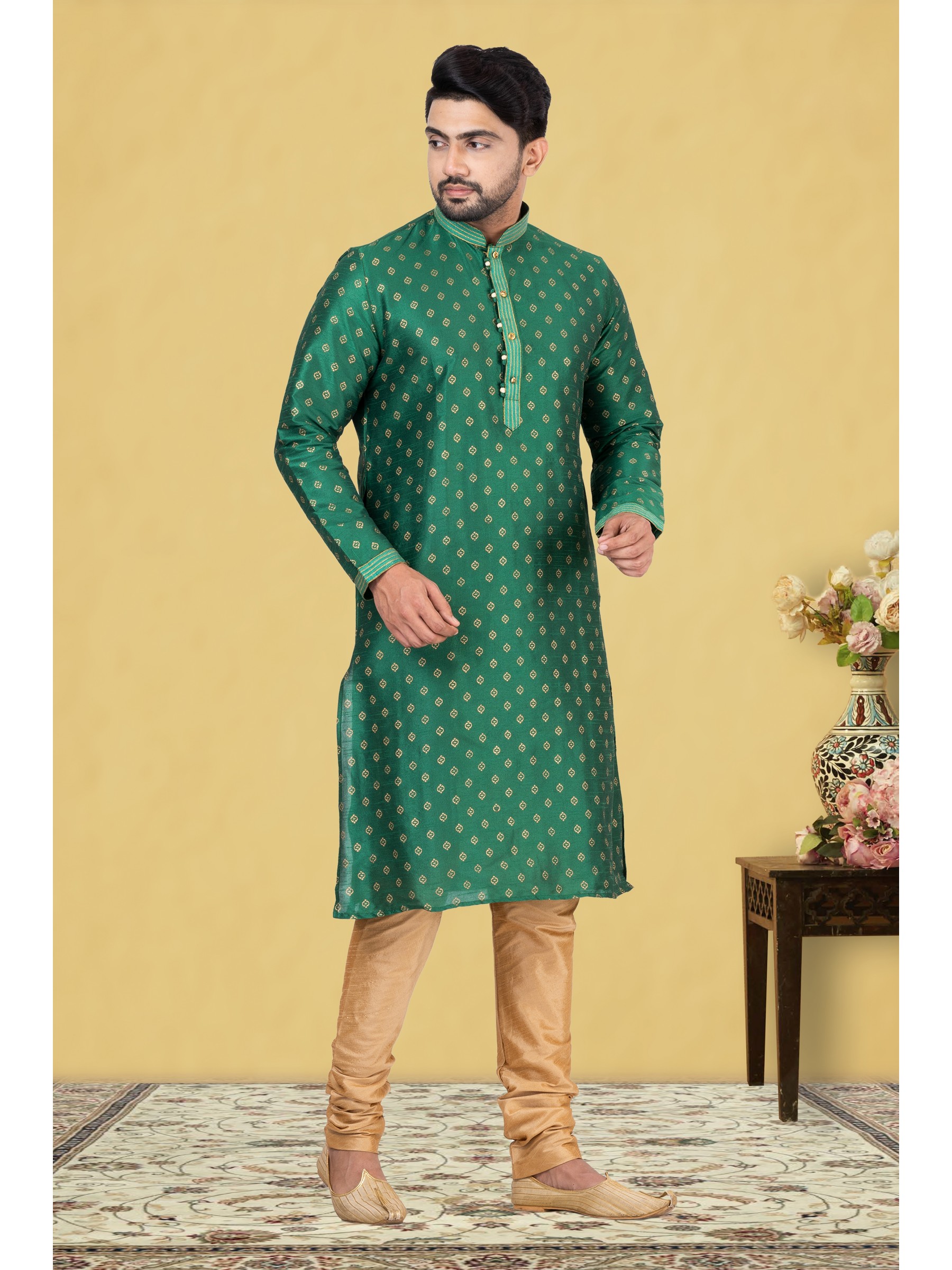 Mal Mal Silk Printed Readymade Kurta set in Green 