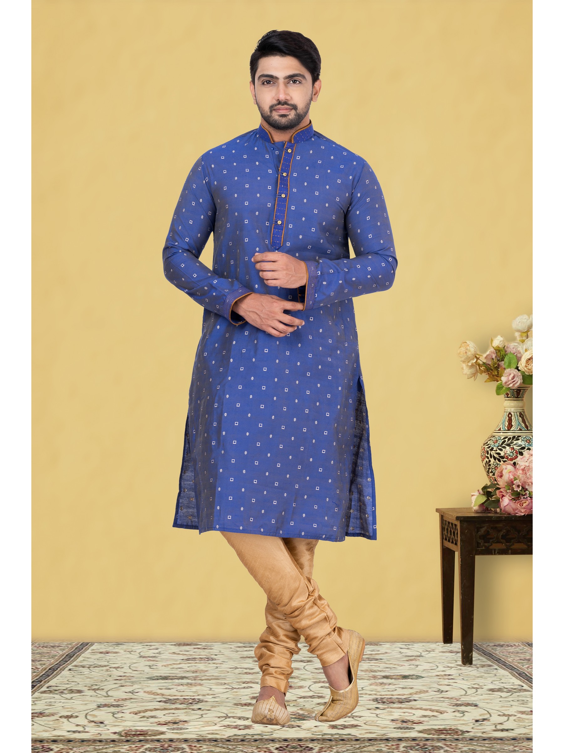 Cotton Silk Printed Readymade Kurta set in Blue 