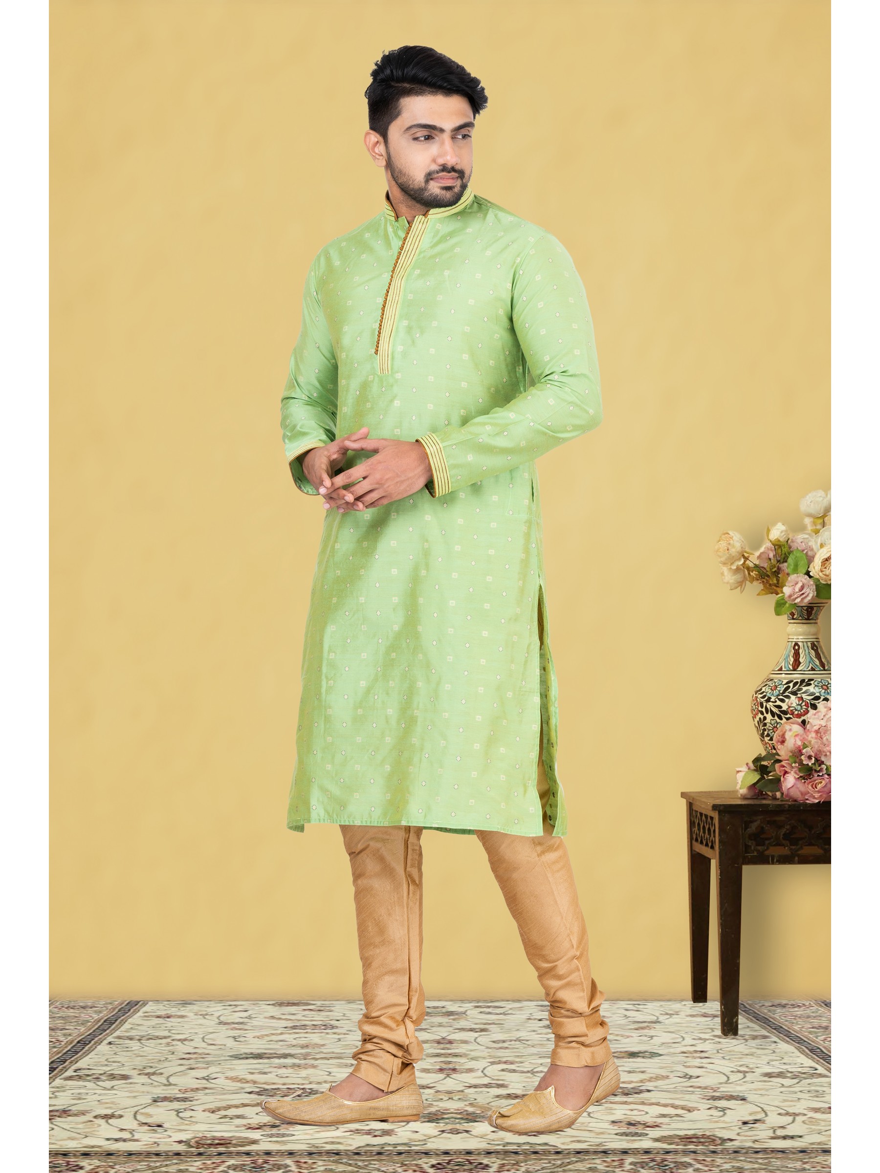 Cotton Silk Printed Readymade Kurta set in Sea Green 