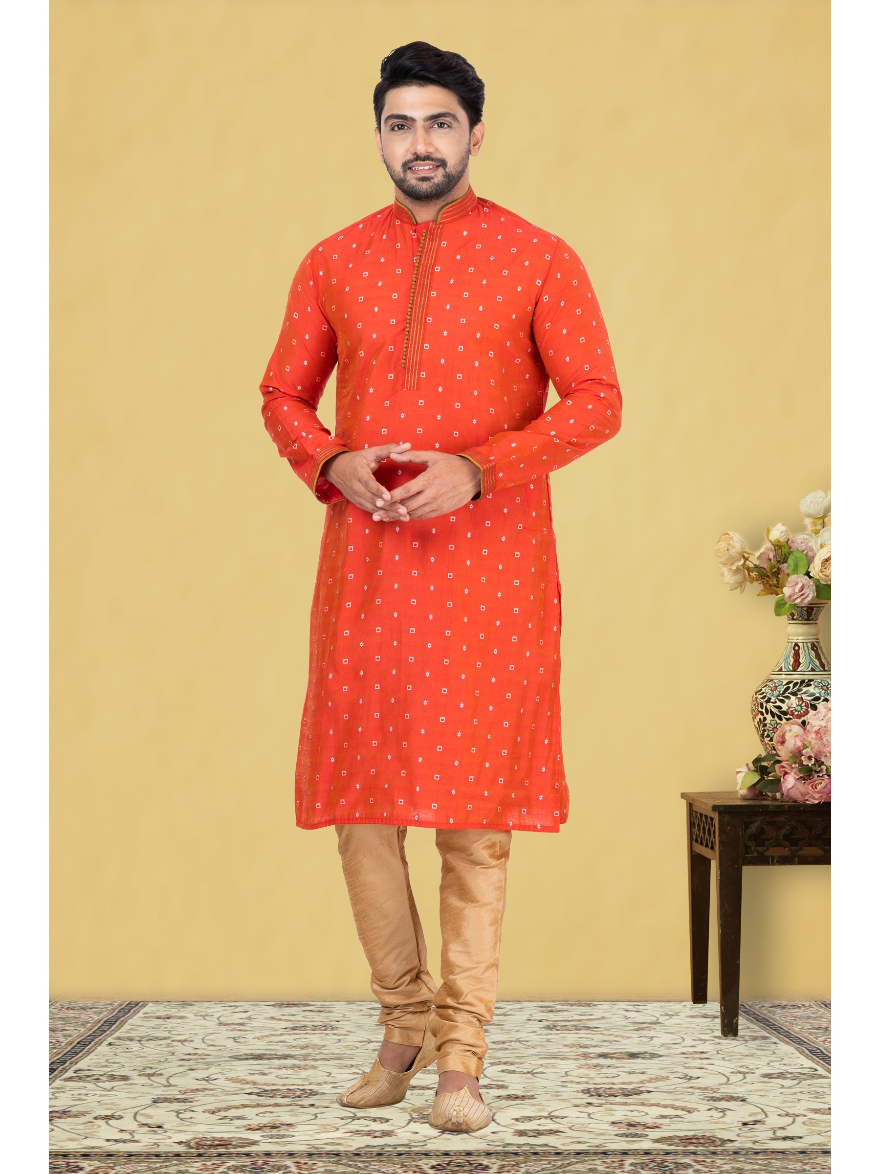 Cotton Silk Printed Readymade Kurta set in Light Red 