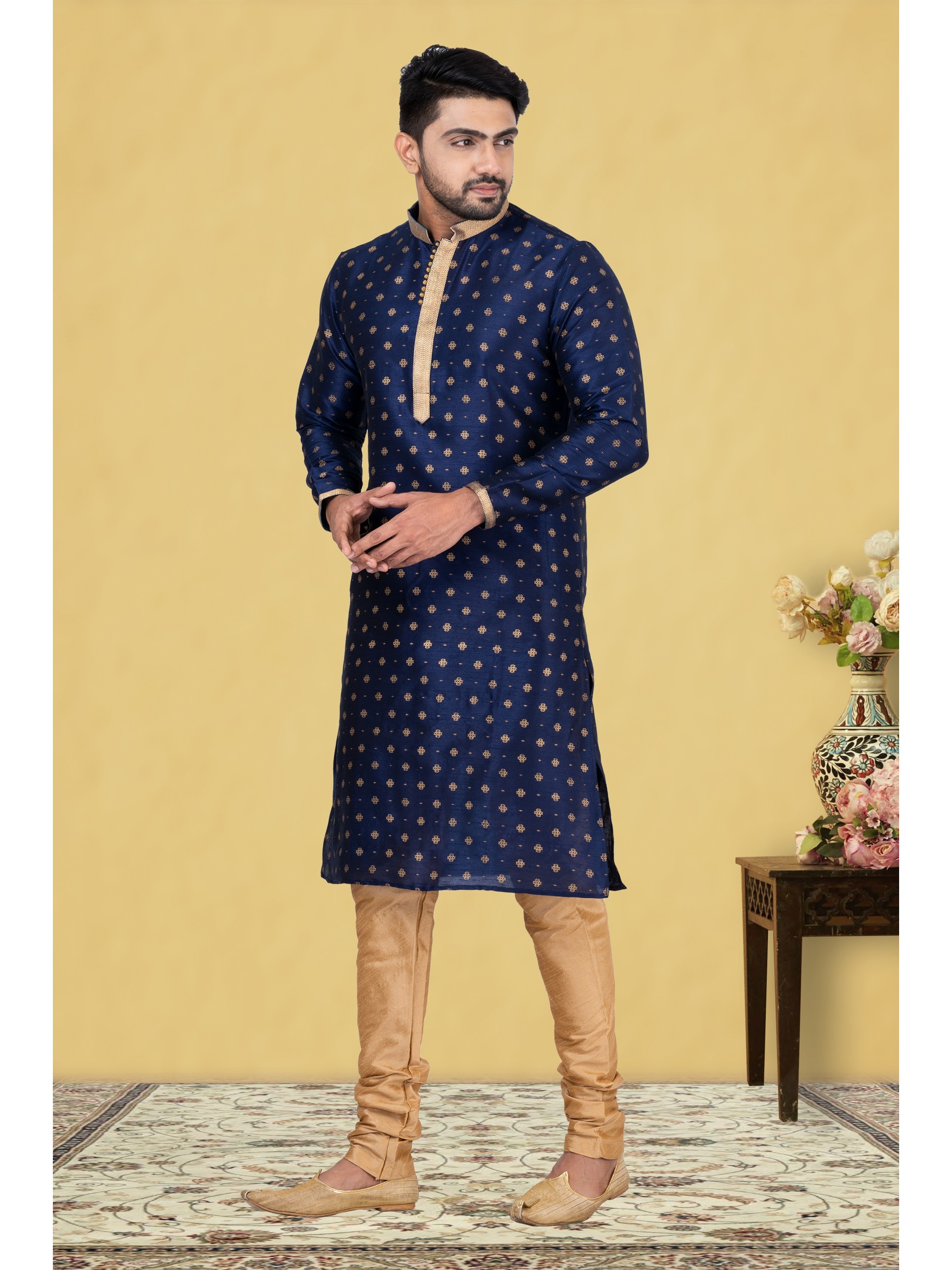 Mal Mal Silk Printed Readymade Kurta set in Navy Blue 