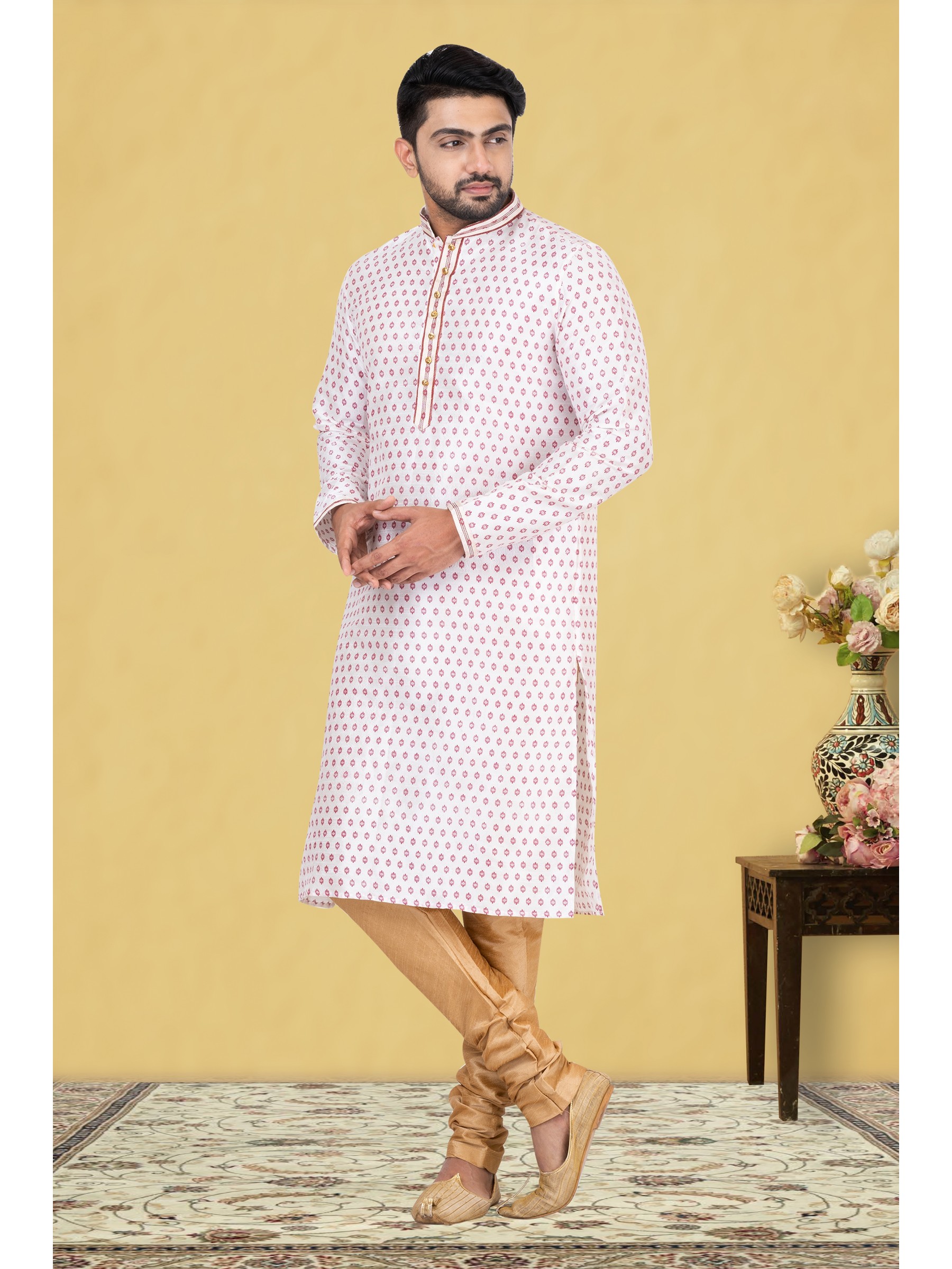 Mal Mal Silk Printed Readymade Kurta set in Cream 