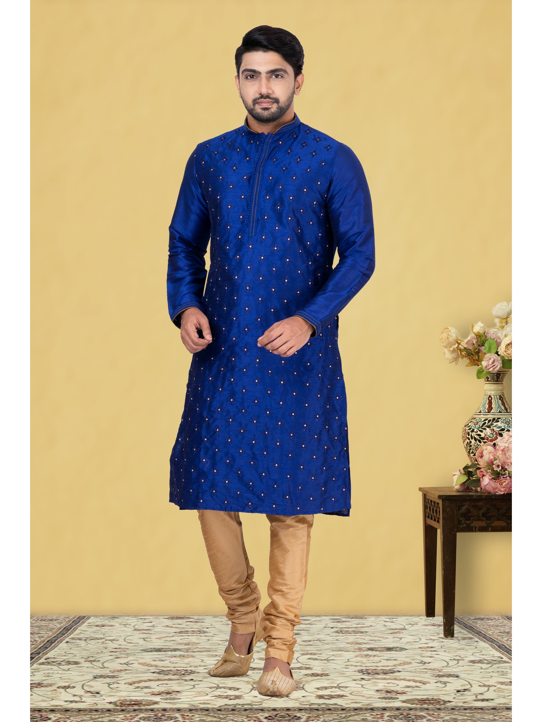 Heritage Silk Printed Readymade Kurta set in Navy Blue With Embroidery