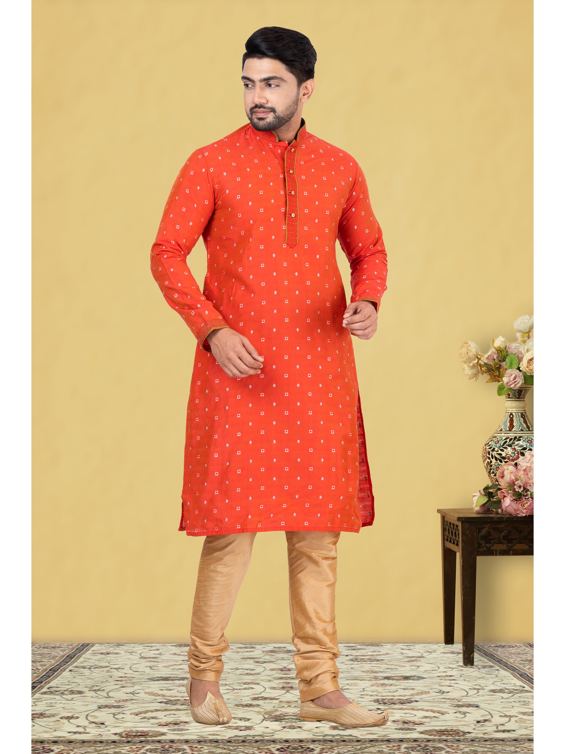 Cotton Silk Printed Readymade Kurta set in Light Red 