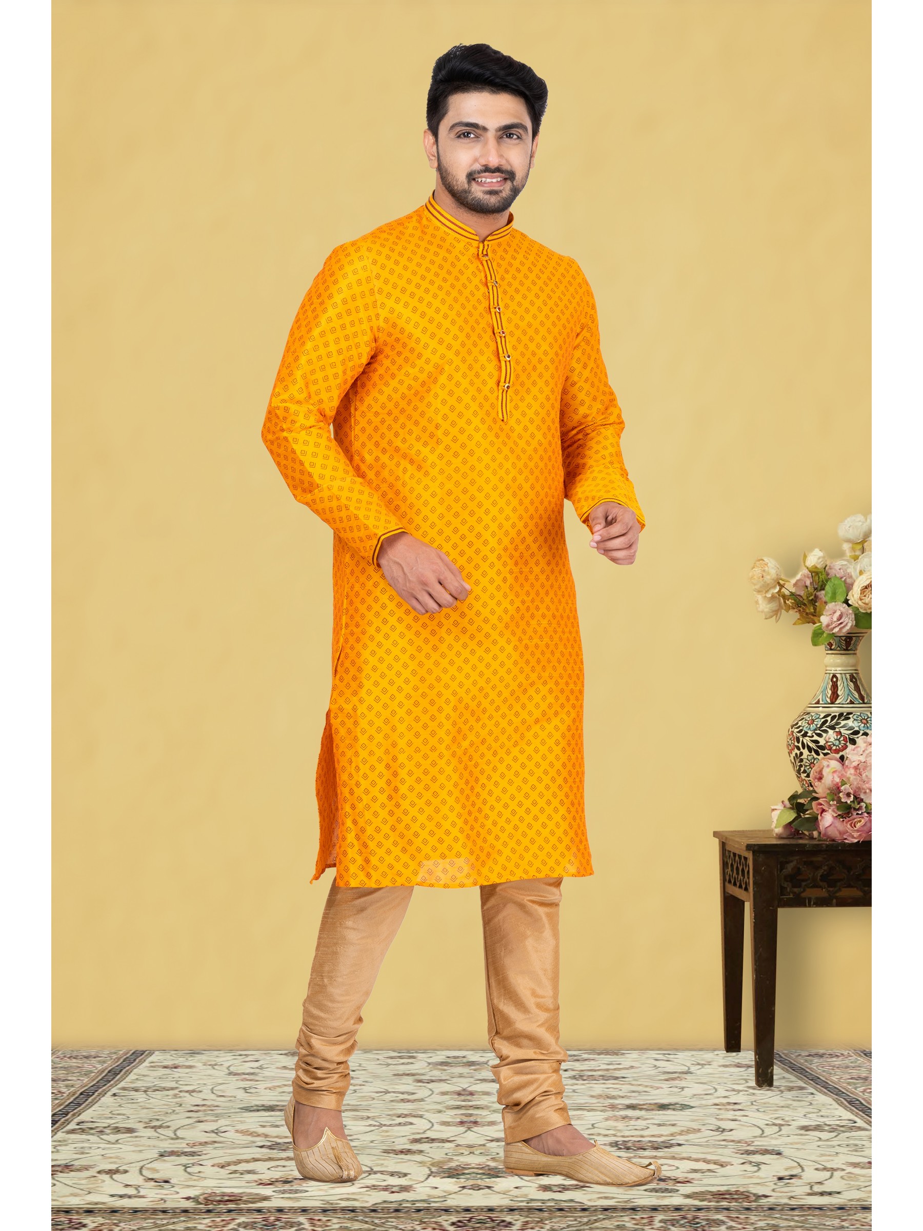 Mal Mal Silk Printed Readymade Kurta set in Yellow