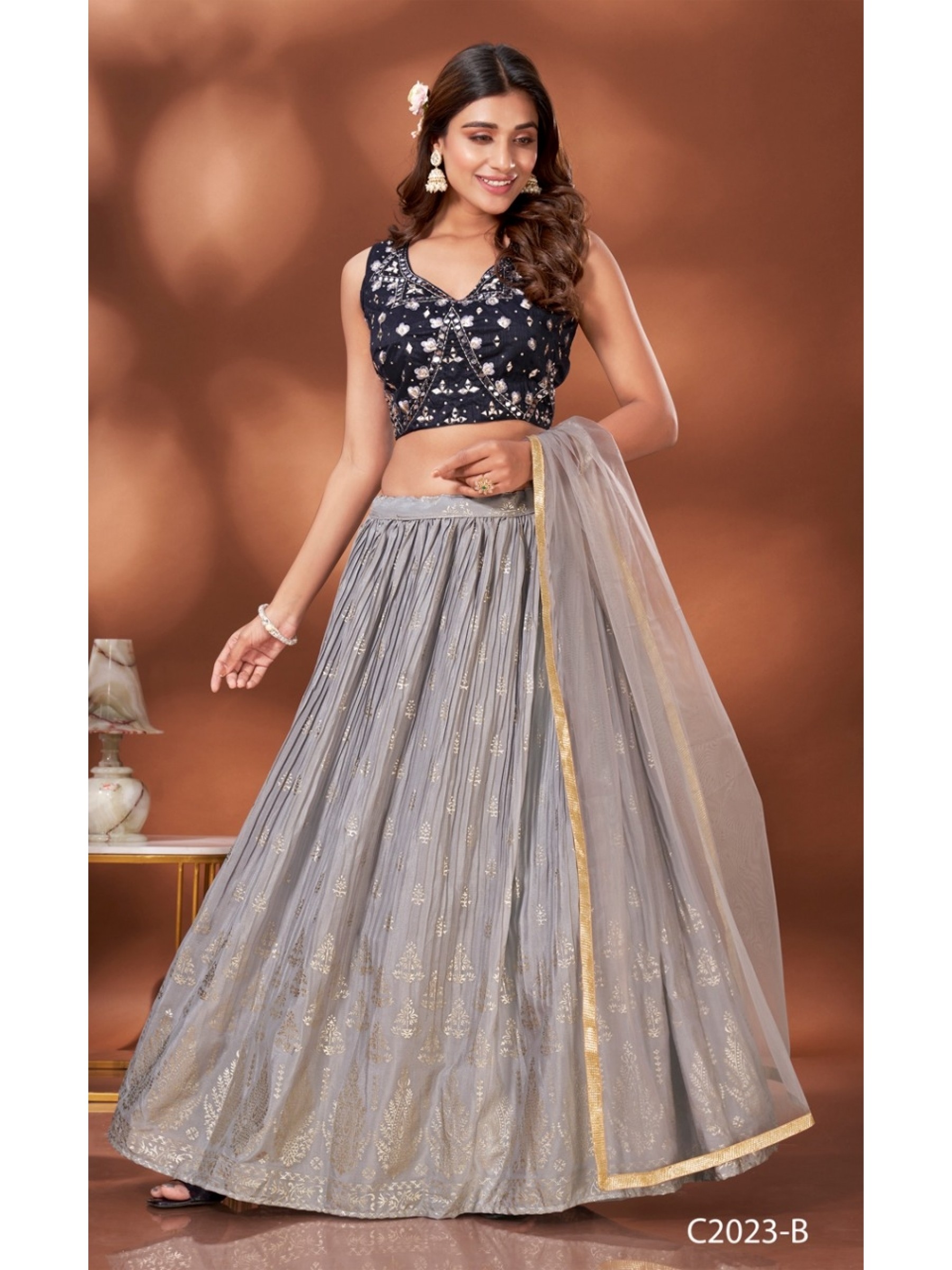 Chinon Silk Fabrics Party Wear Lehenga in Grey Color With Embroidery  