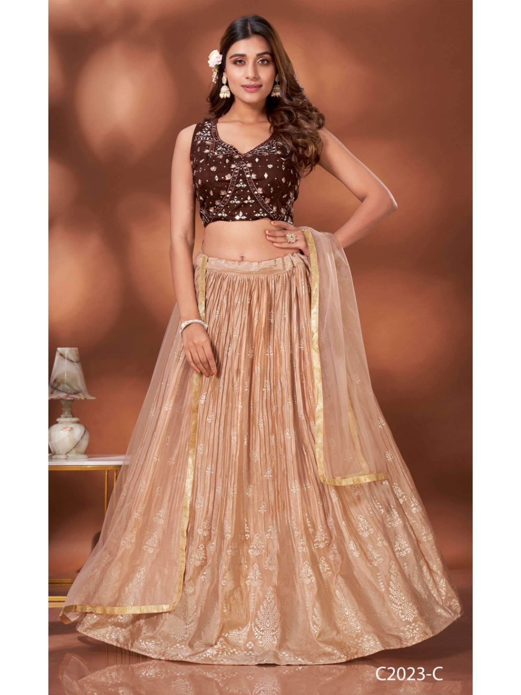 Chinon Silk Fabrics Party Wear Lehenga in Brown Color With Embroidery  