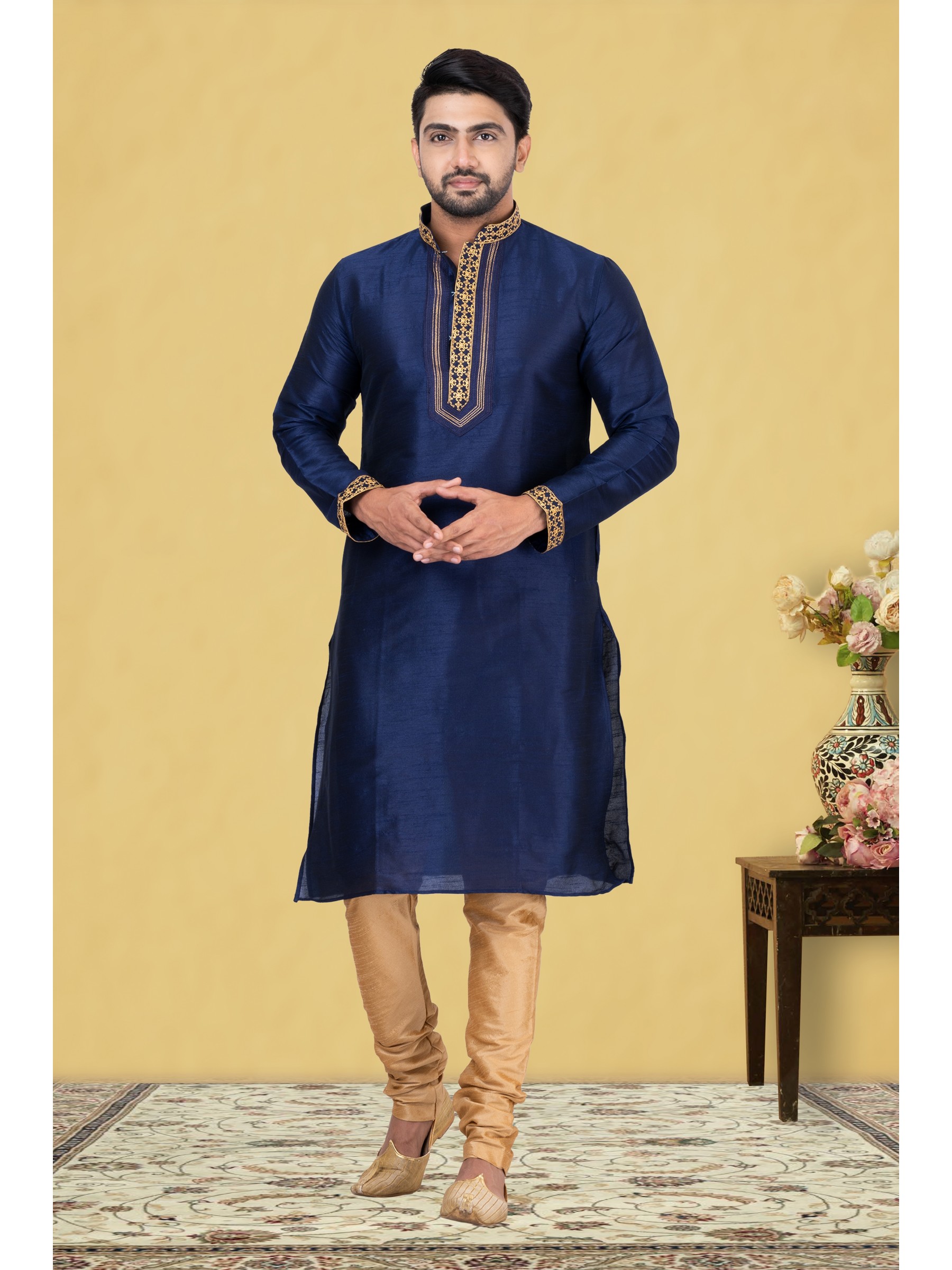 Mal Mal Silk Readymade Kurta set in Navy Blue 