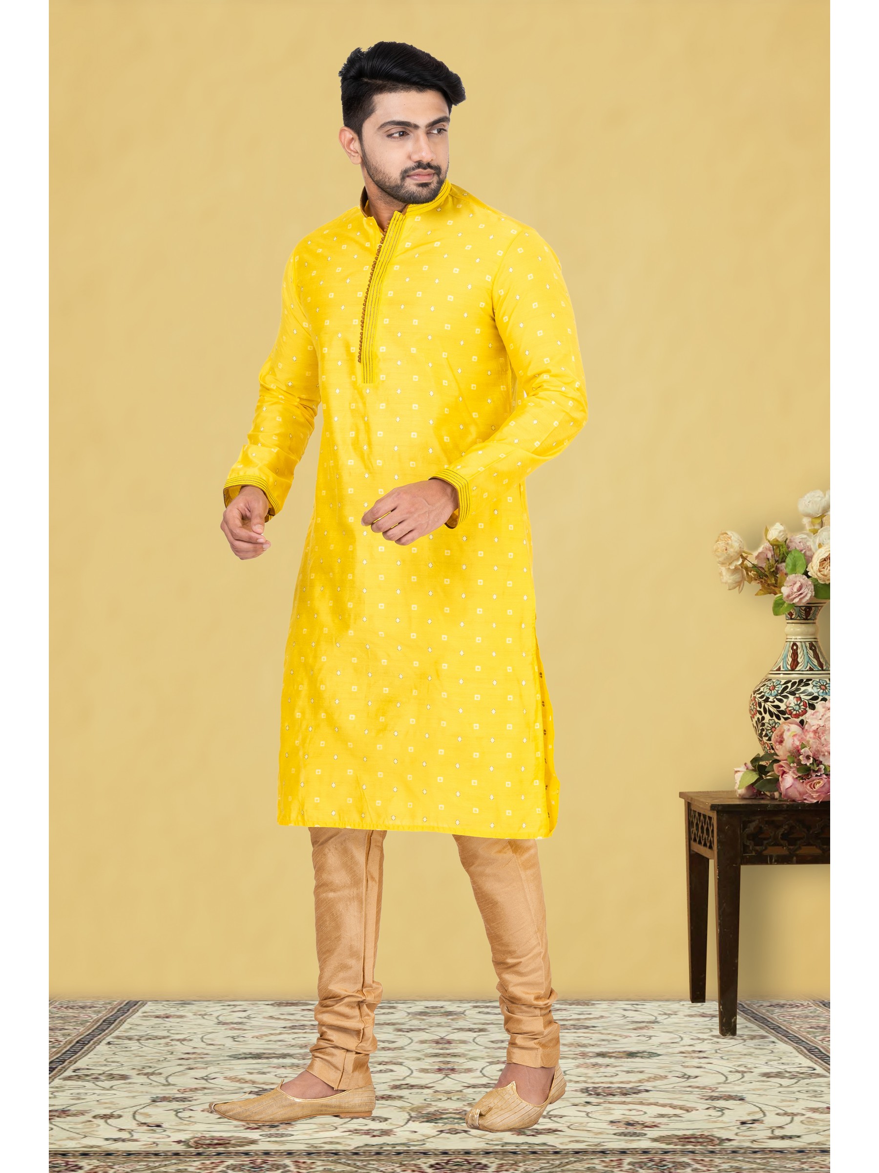 Cotton Silk Printed Readymade Kurta set in Mustard 