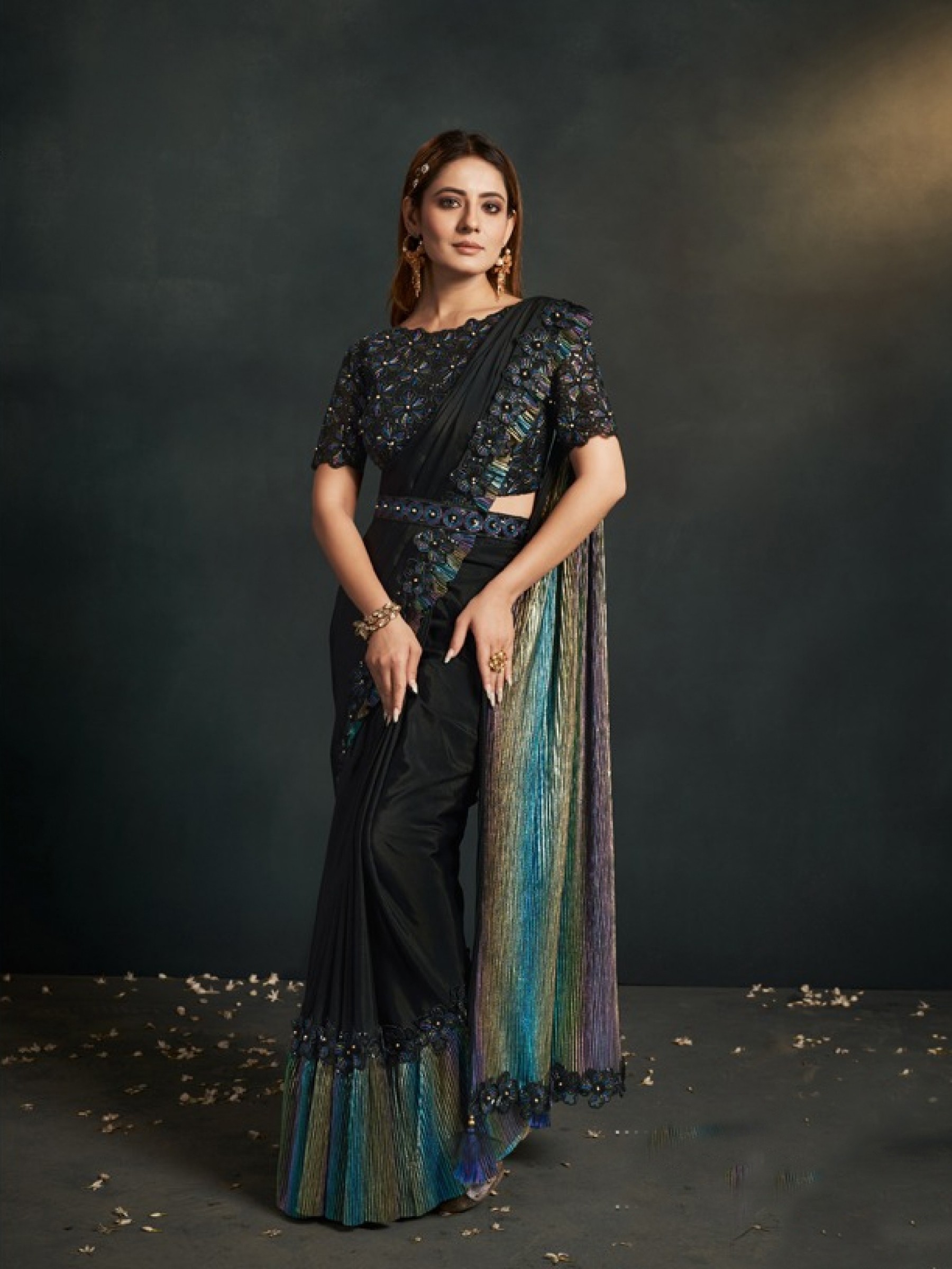Silk Crape Georgette Saree In Black Color With Embroidery Work