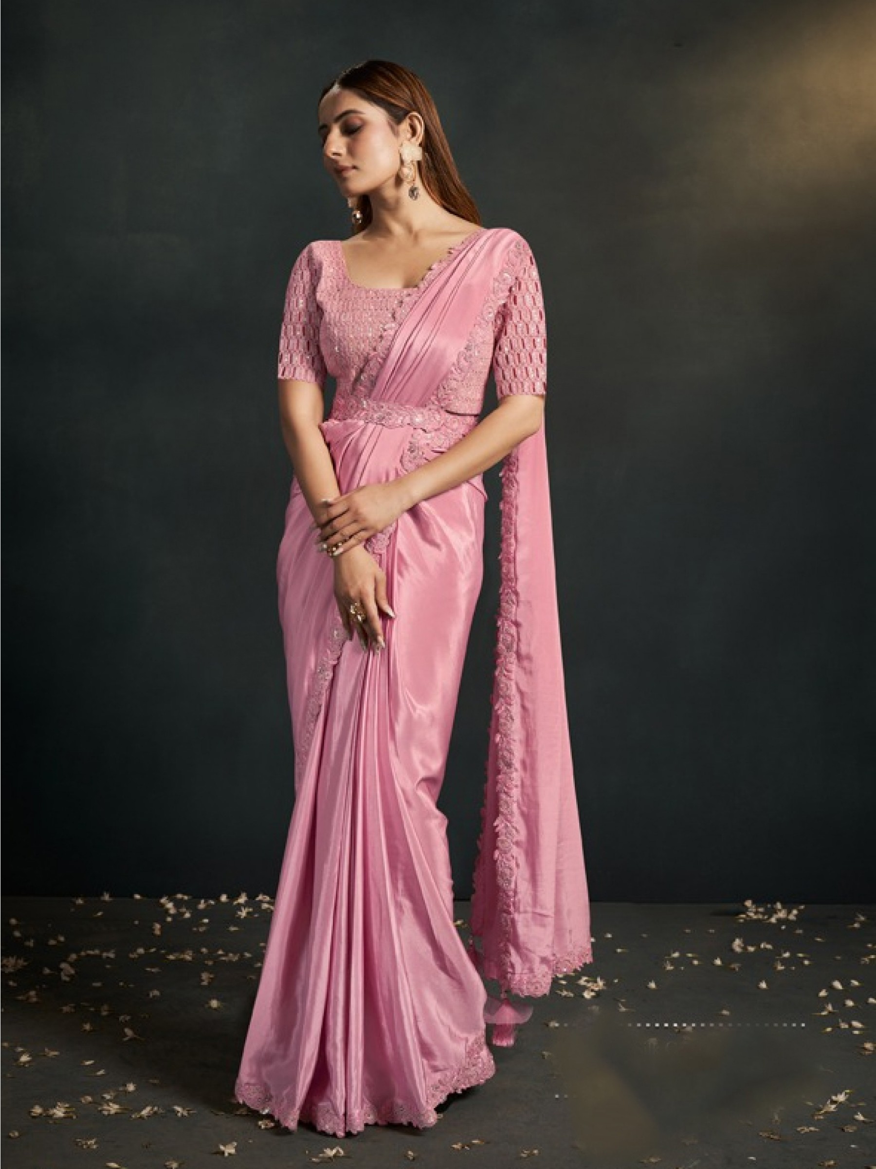 Silk Crape Georgette Saree In Pink Color With Embroidery Work