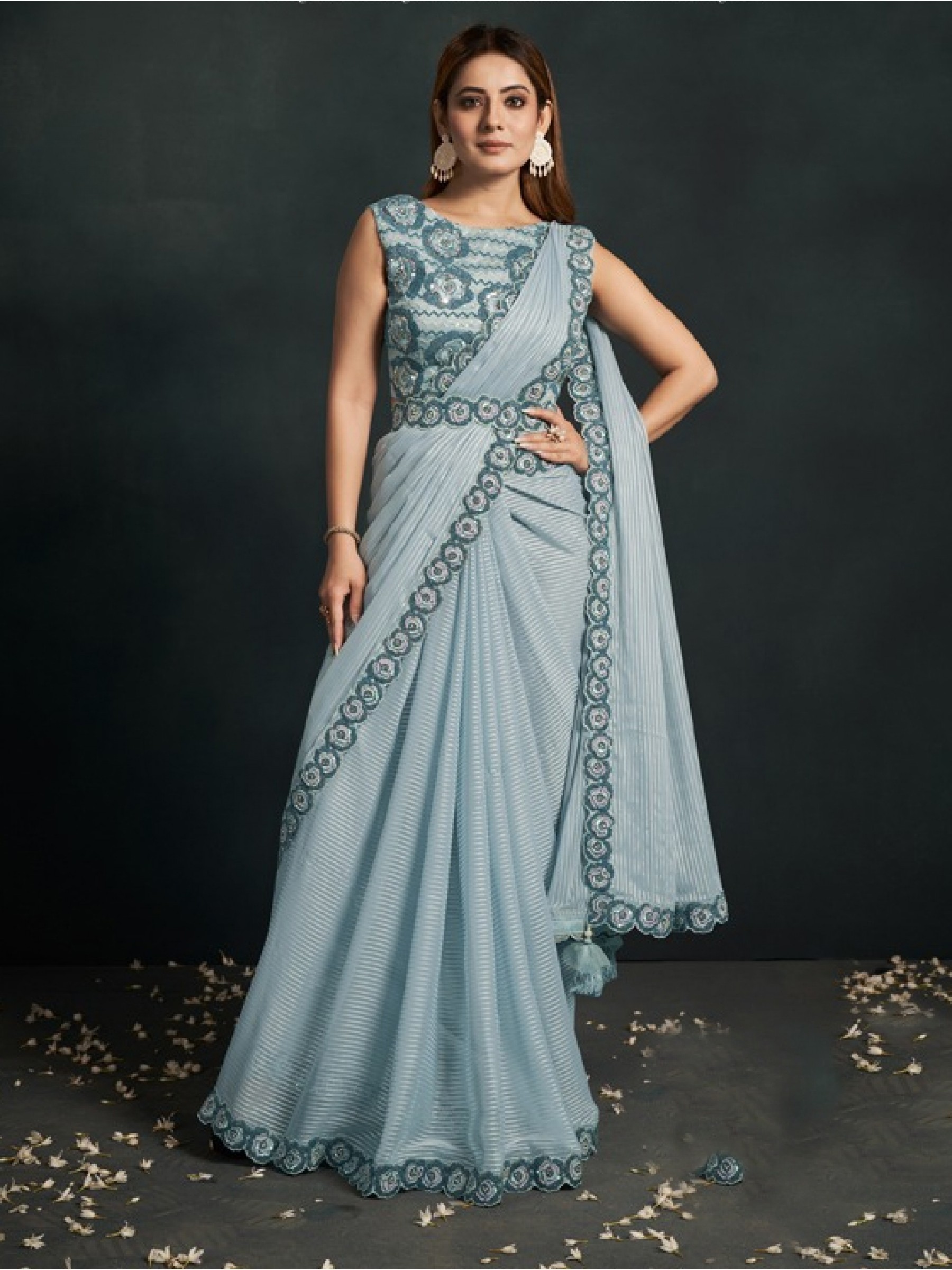 Silk  Georgette Saree In Blue Color With Embroidery Work