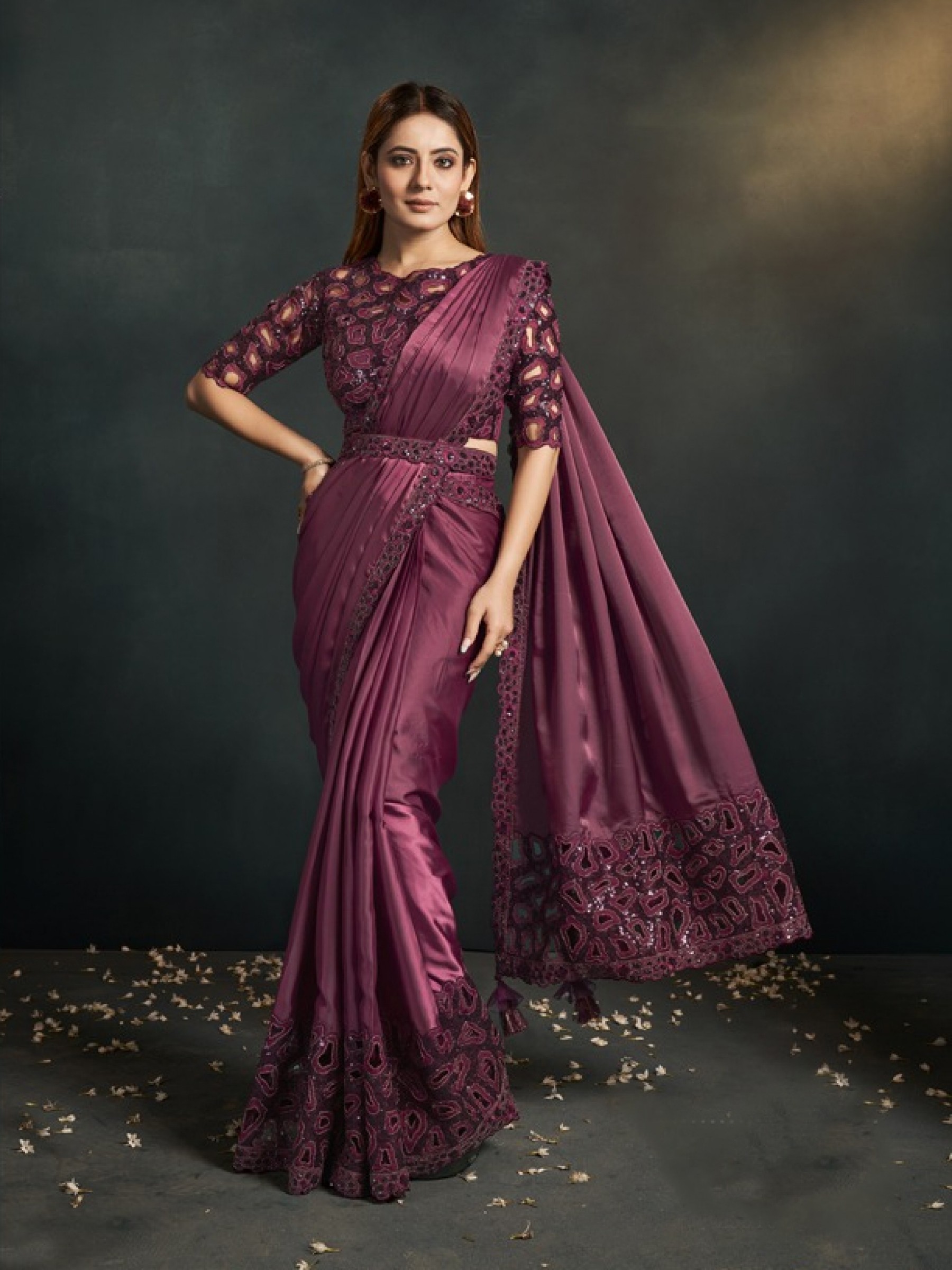 Silk Crape  Saree In Wine Color With Embroidery Work