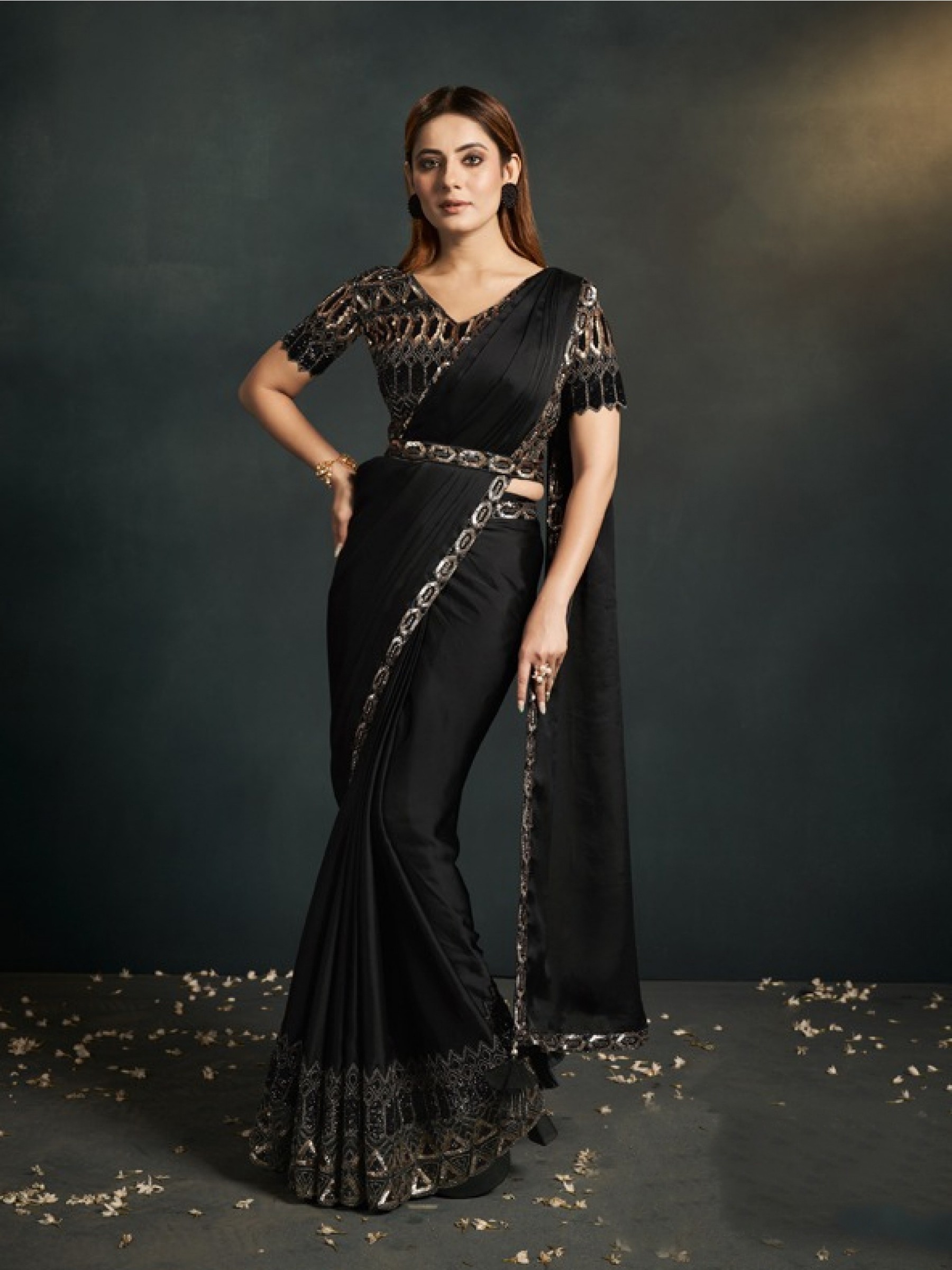 Sateen Silk  Saree In Black Color With Embroidery Work