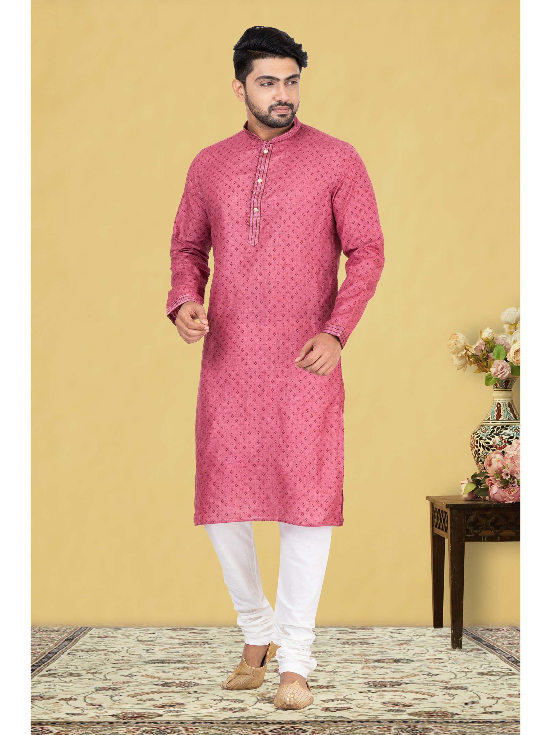 Cotton Silk Printed Readymade Kurta set in Pink 