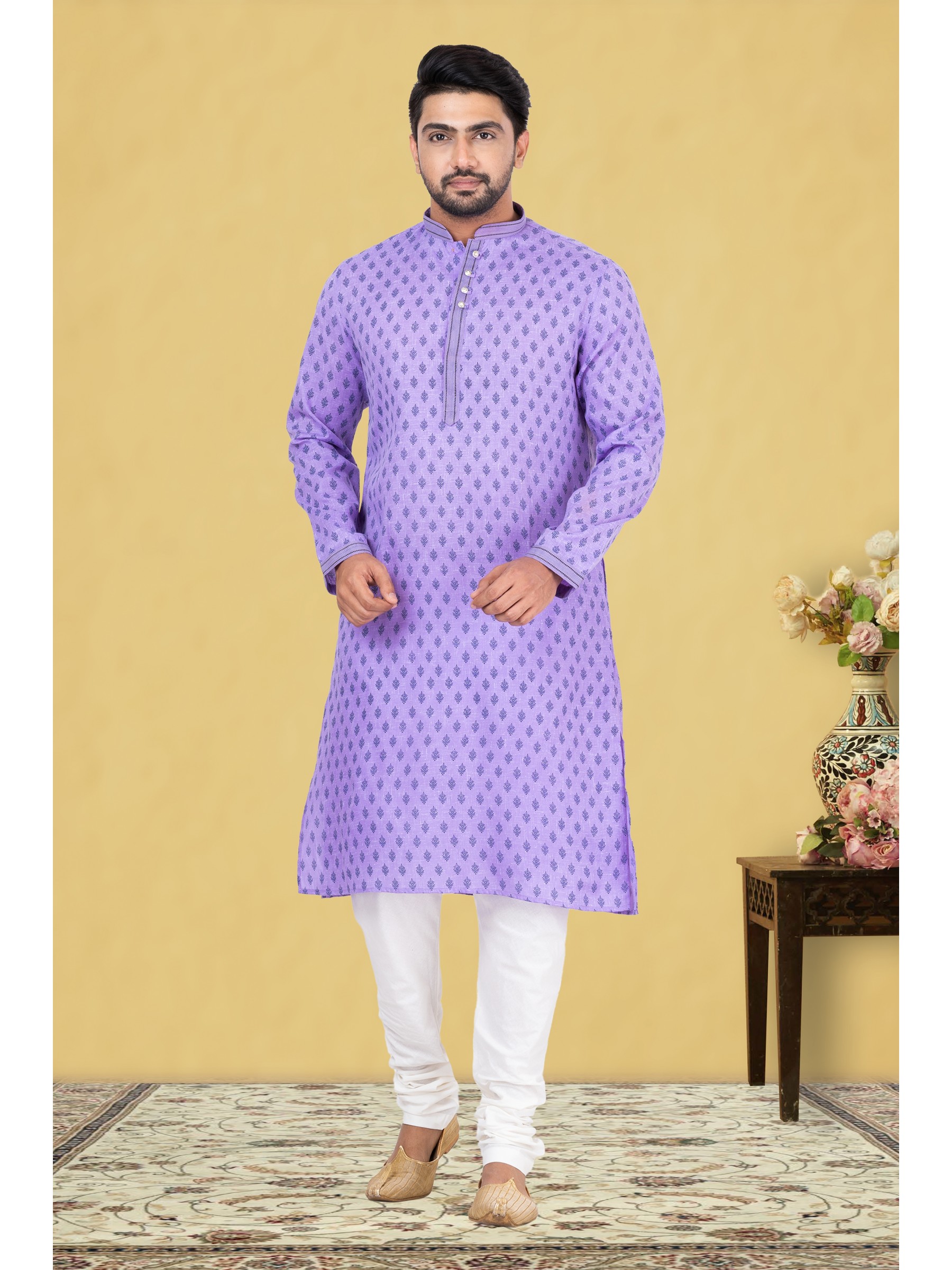 Cotton Silk Printed Readymade Kurta set in Purple 