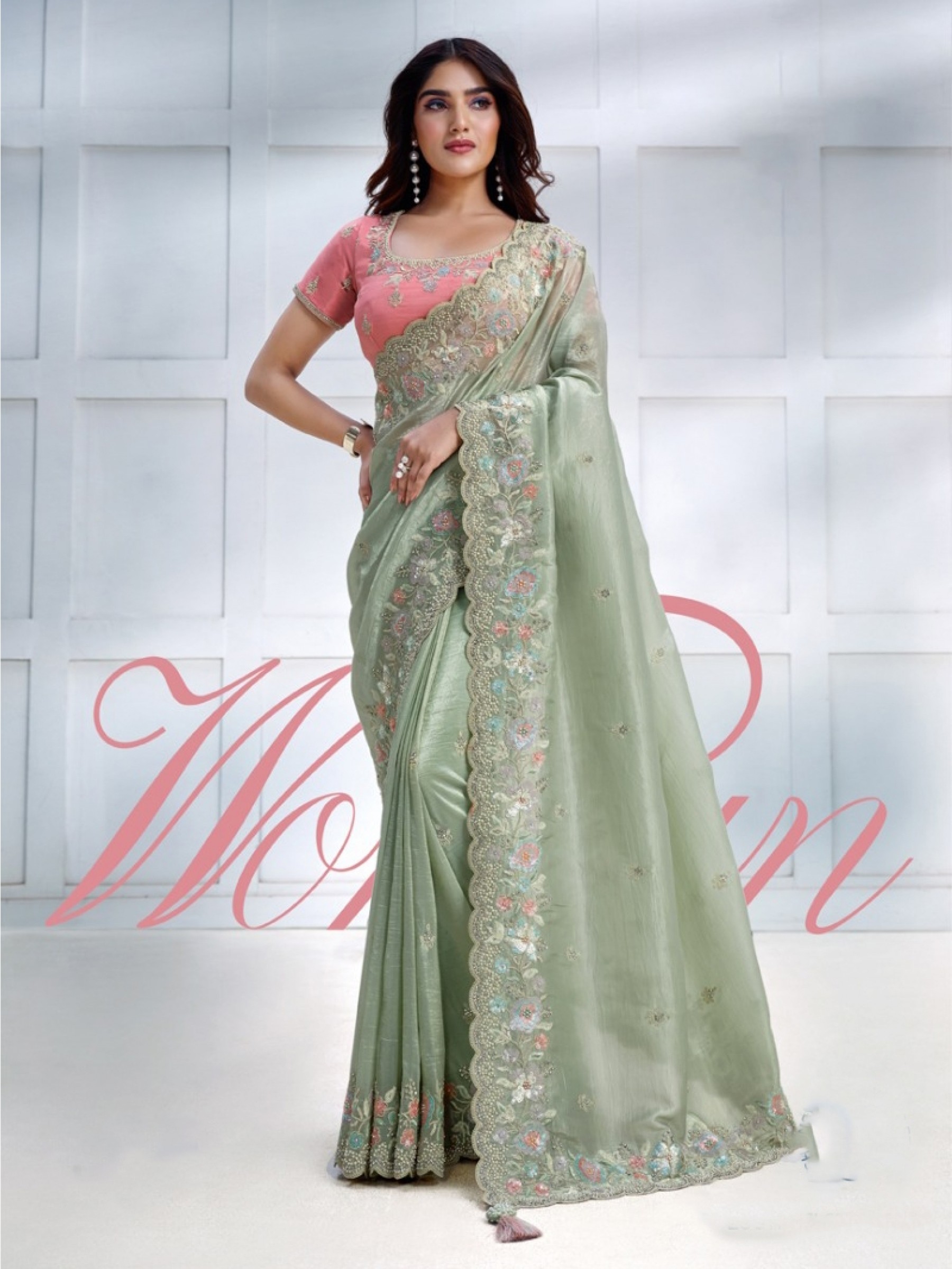  Crush Silk  Saree In Green Color With Embroidery Work