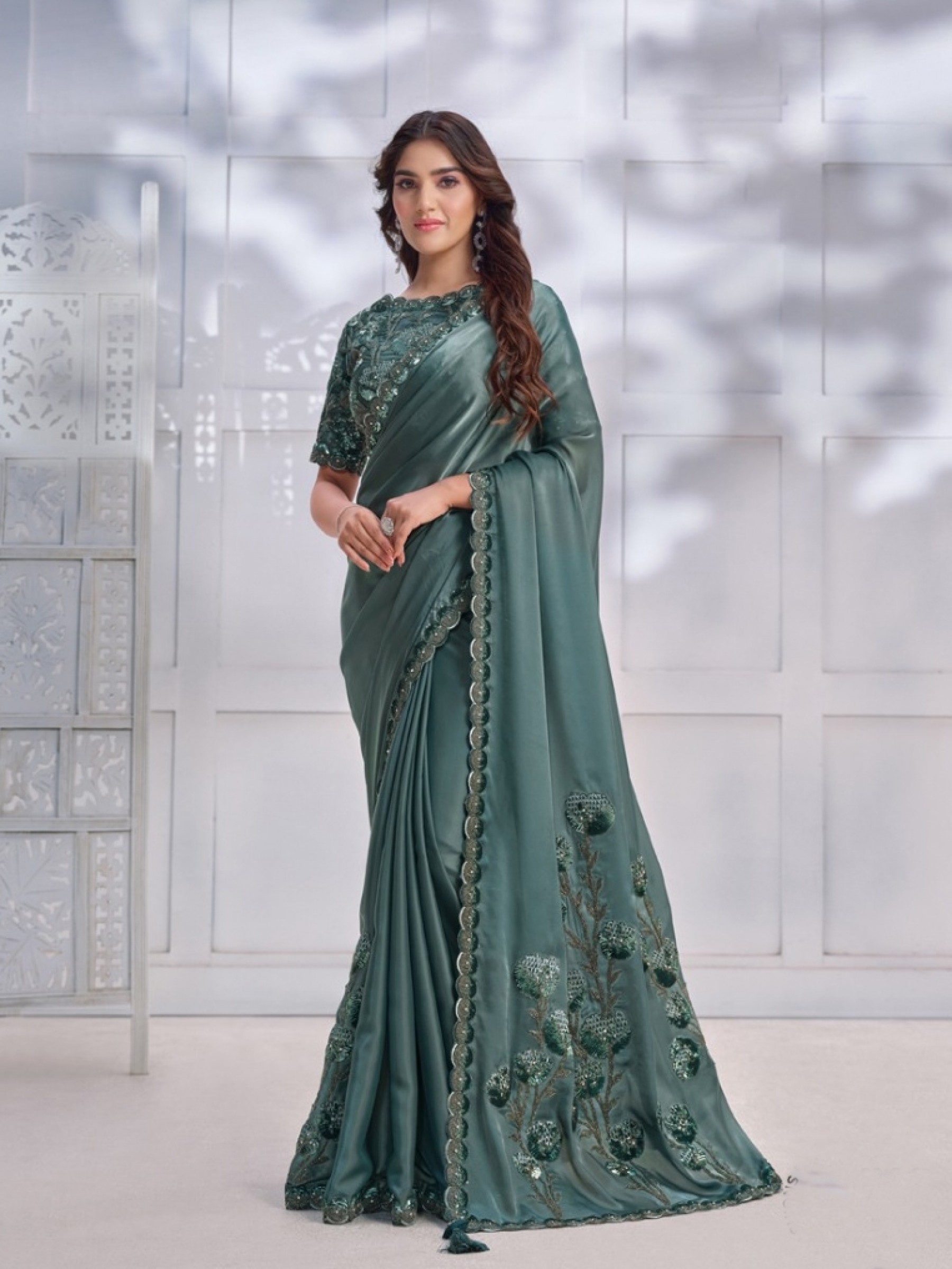  Crape Sateen Silk  Saree In Grey Color With Embroidery Work