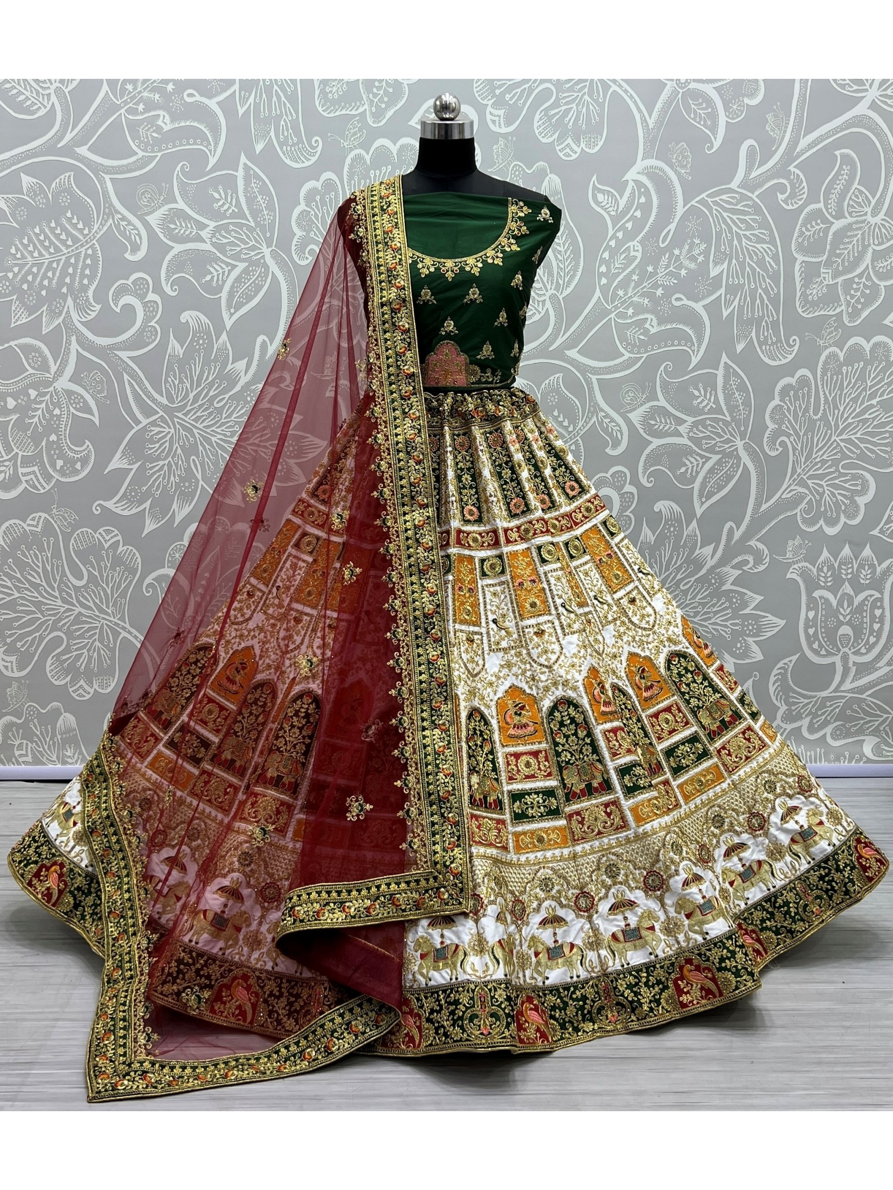 Pure Silk  Party  Wear Lehenga In White & Red Color With Embroidery Work 