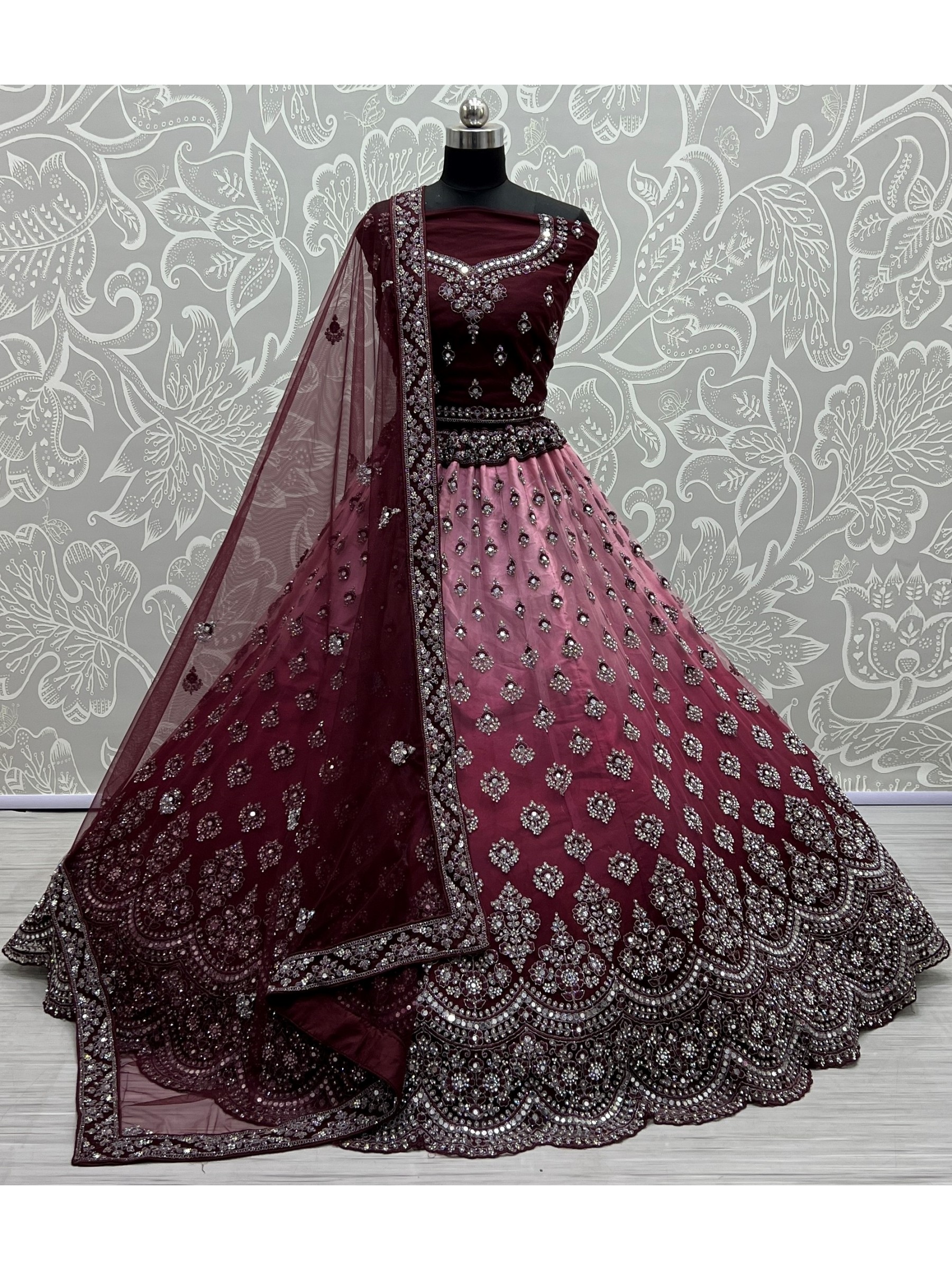 Soft Premium Net  Party Wear Lehenga In Wine Color  With Embroidery Work
