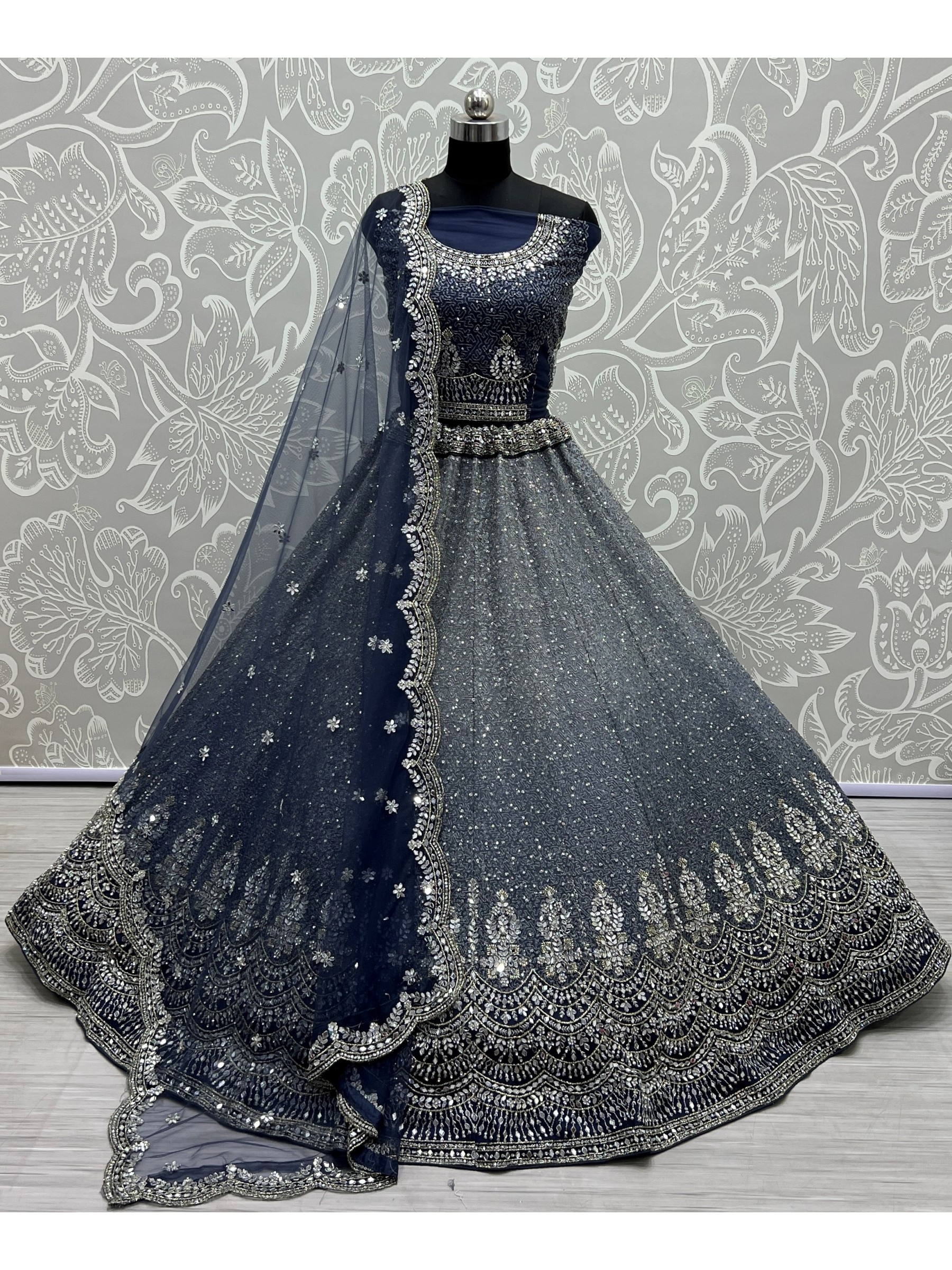 Soft Premium Net  Wedding Wear Lehenga In Grey  Color With Embroidery Work 