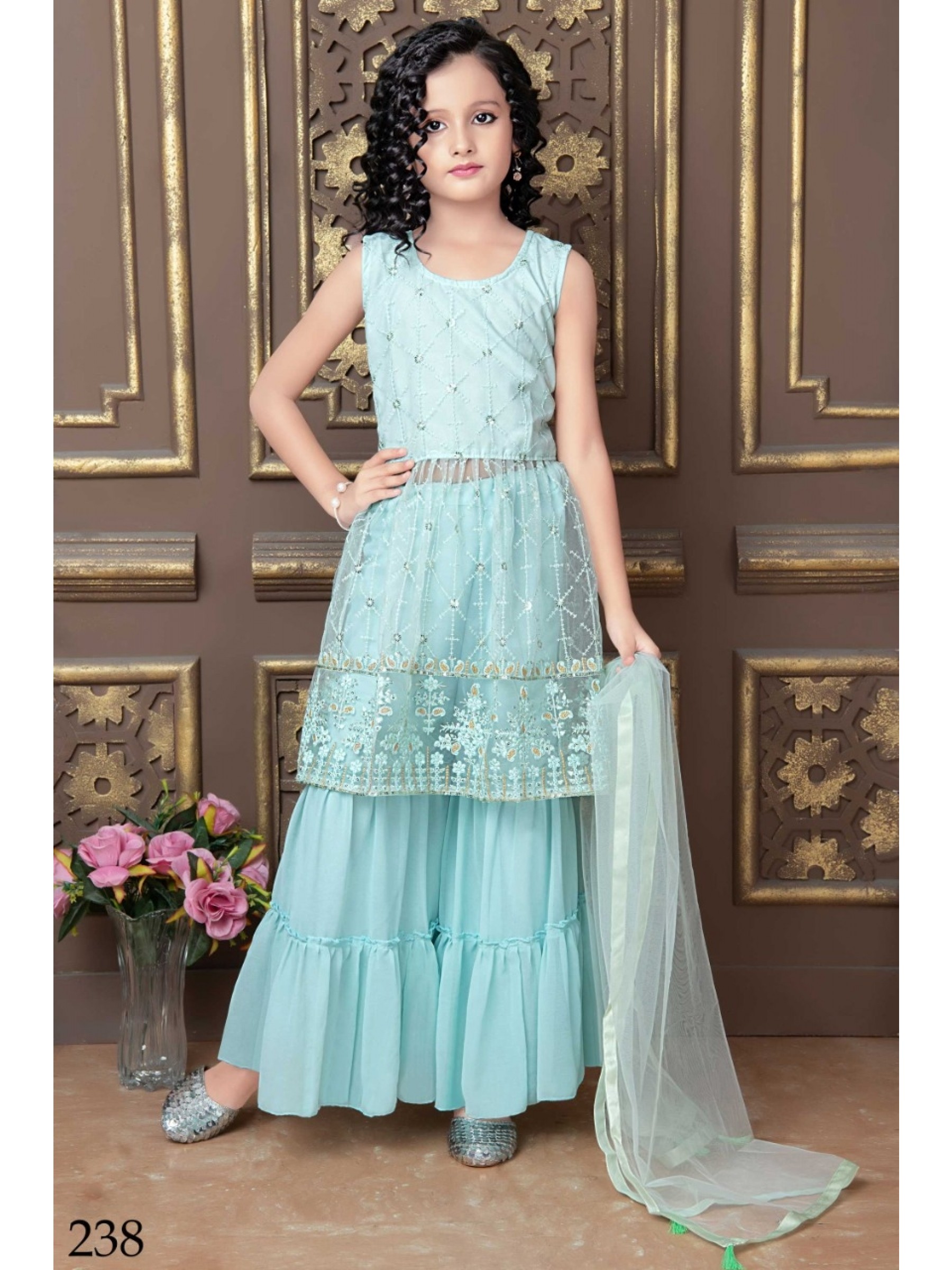 Soft Premium Net  Party Wear Kids Sharara In Blue With Embroidery Work 