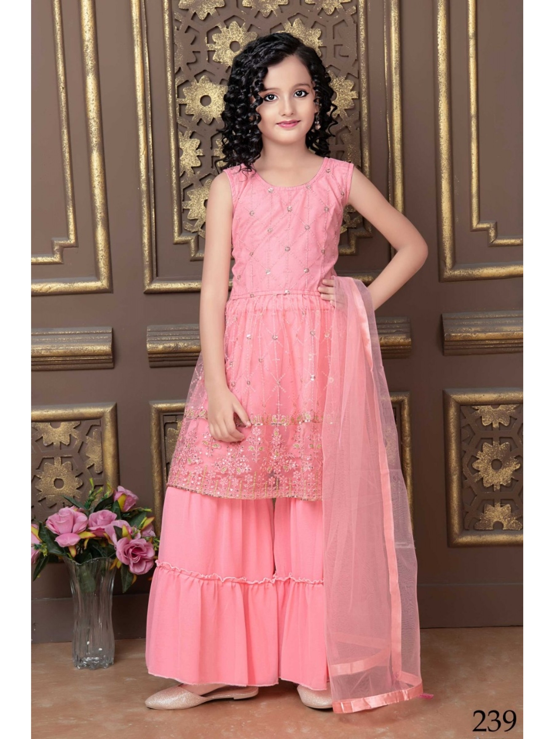 Soft Premium Net  Party Wear Kids Sharara In Pink With Embroidery Work 
