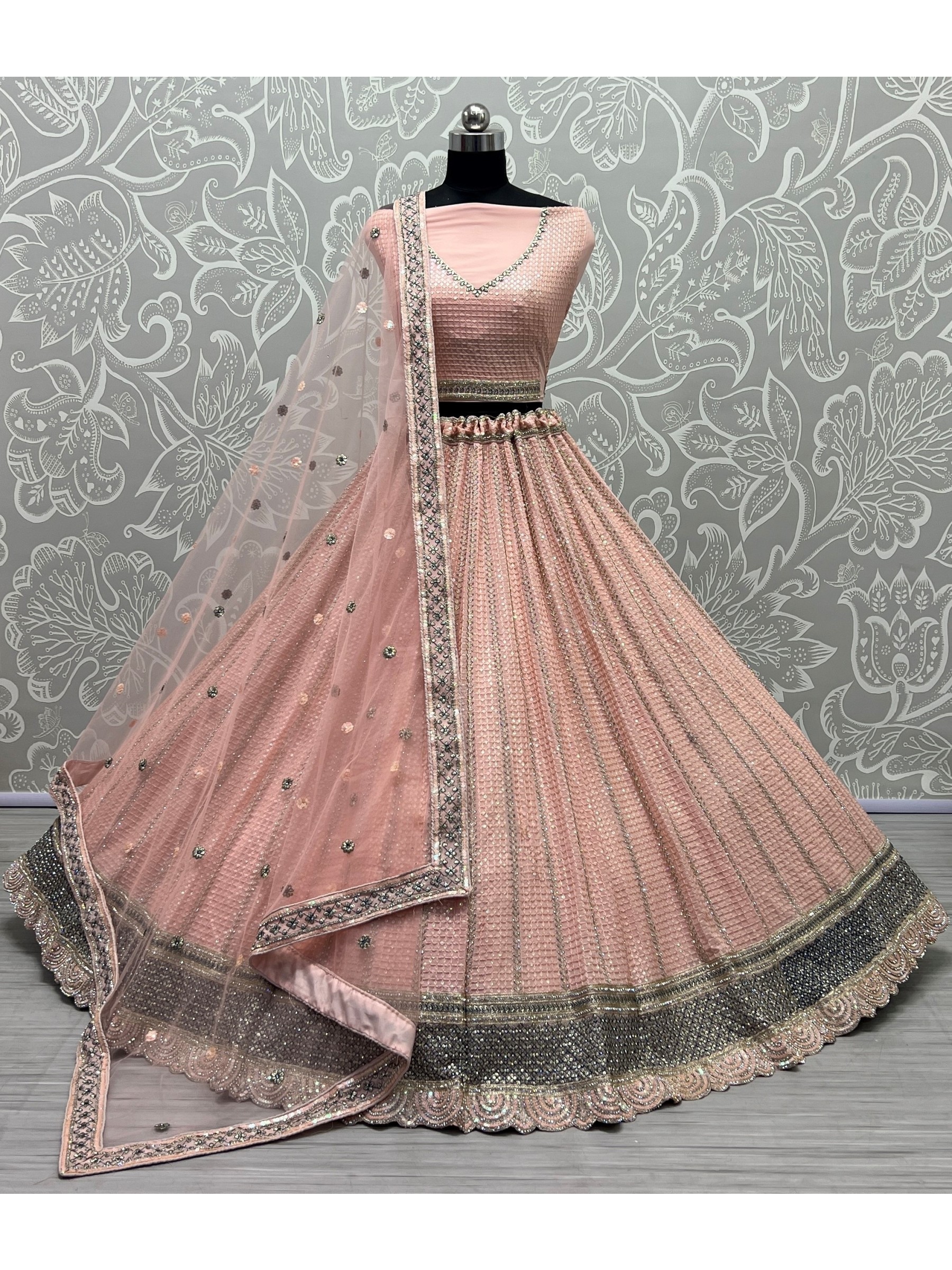 Georgette  Party  Wear Lehenga In Peach Color With Embroidery Work 