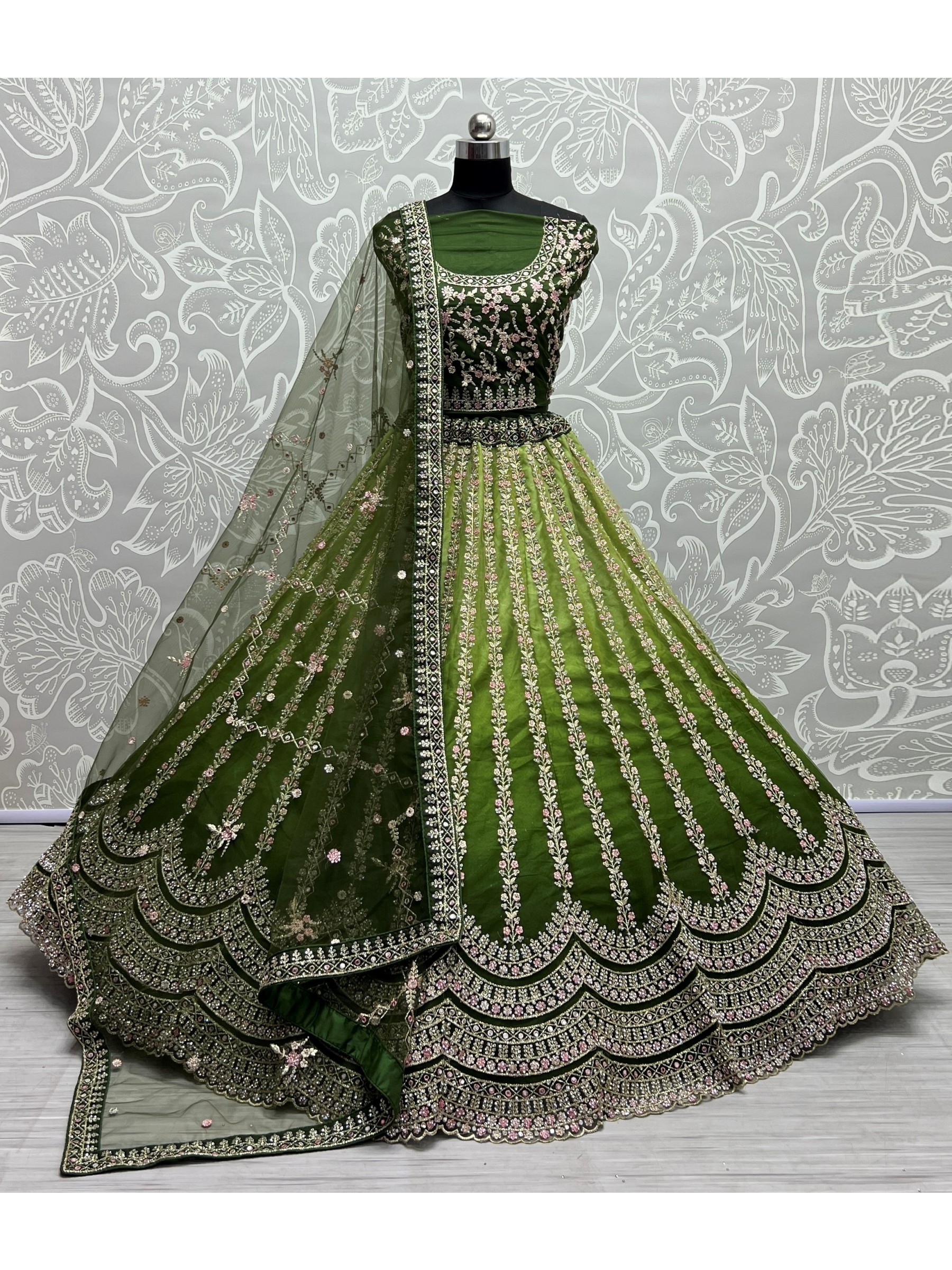 Pure Silk  Party  Wear Lehenga In Green Color With Embroidery Work 
