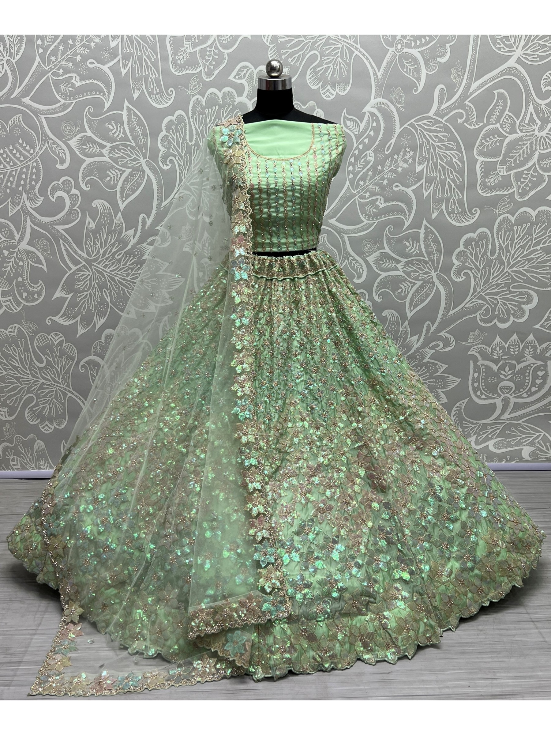 Organza  Silk  Party  Wear Lehenga In Green  Color With Embroidery Work 