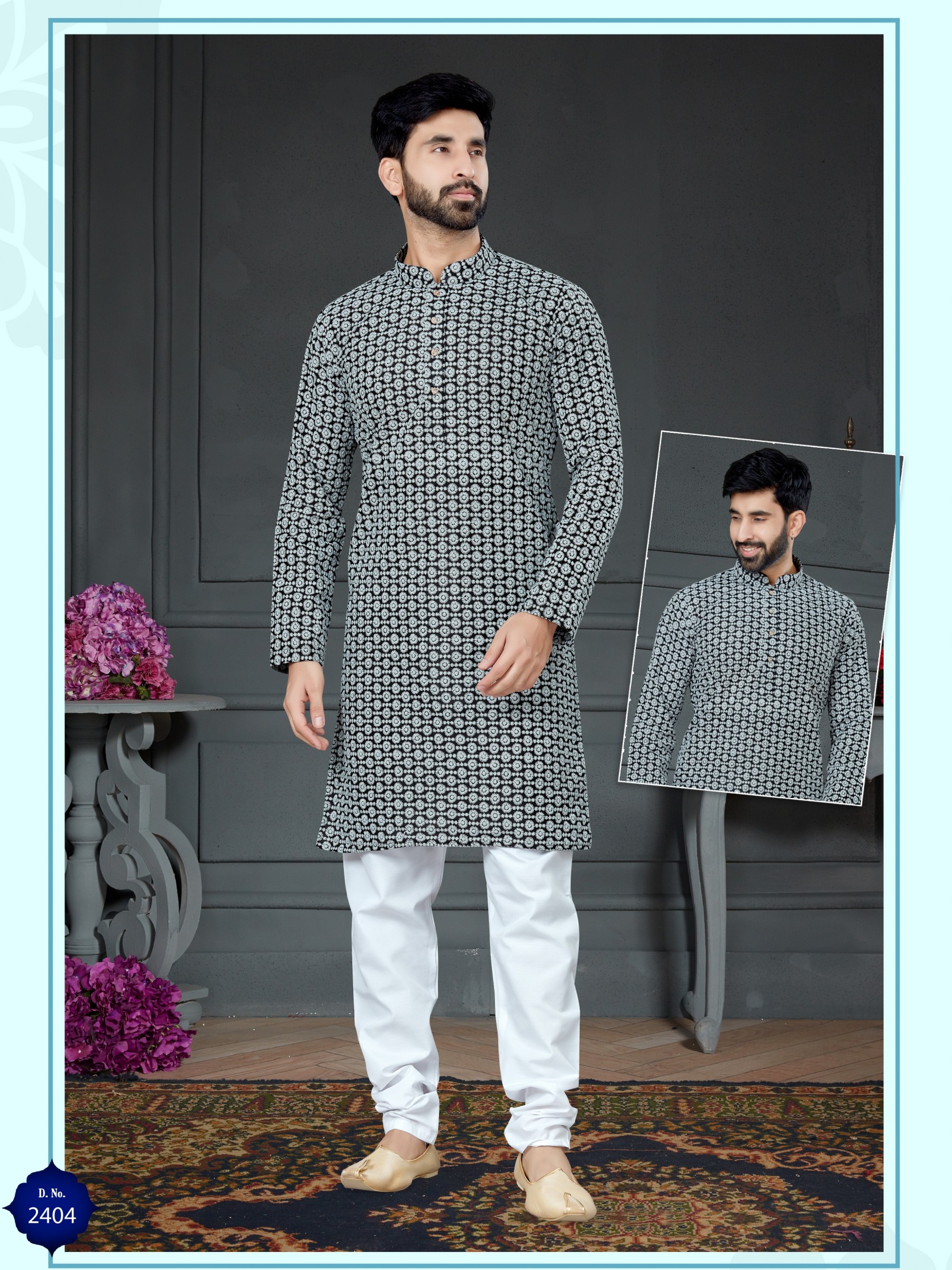 Wedding Wear Kurta set Cotton Silk fabric in Black with Embroidery work 