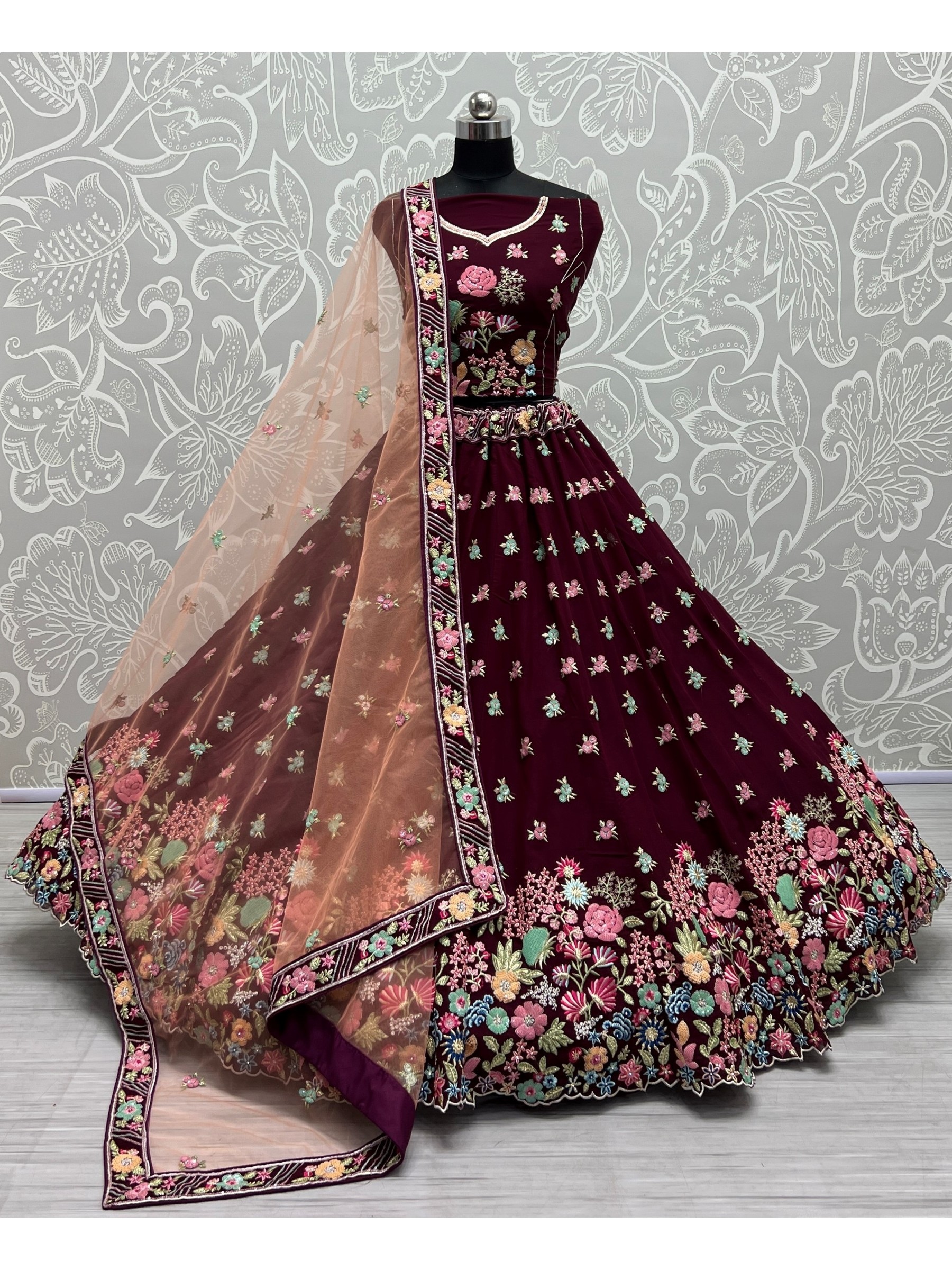 Georgette  Party  Wear Lehenga In Wine Color With Embroidery Work 