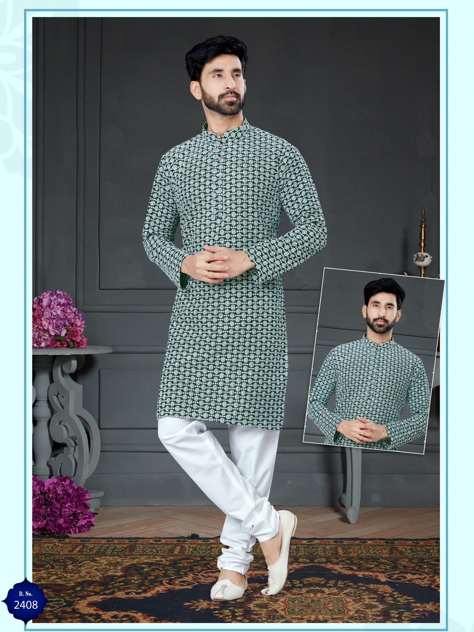 Wedding Wear Kurta set Cotton Silk fabric in Green with Embroidery work 
