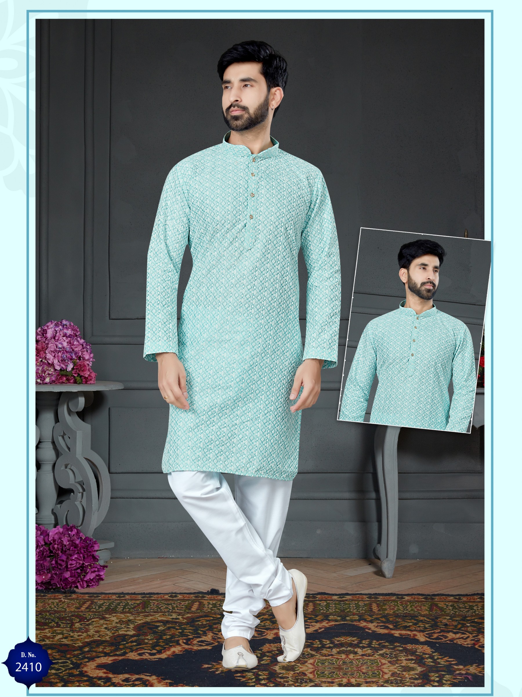 Wedding Wear Kurta set Cotton Silk fabric in Sky Blue with Embroidery work 