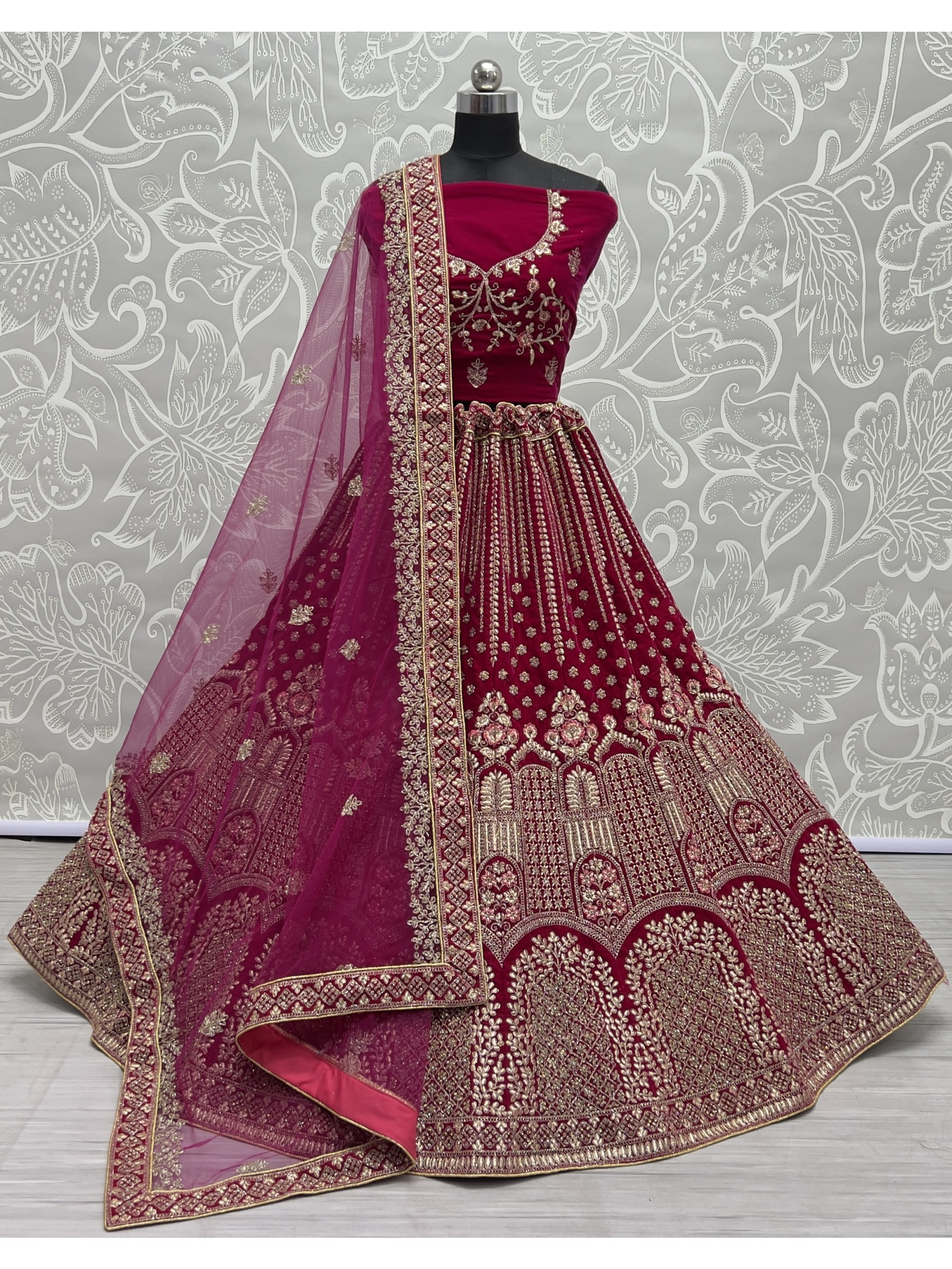 Pure Micro Velvet Bridal  Wear Lehenga In Pink Color With Embroidery Work 