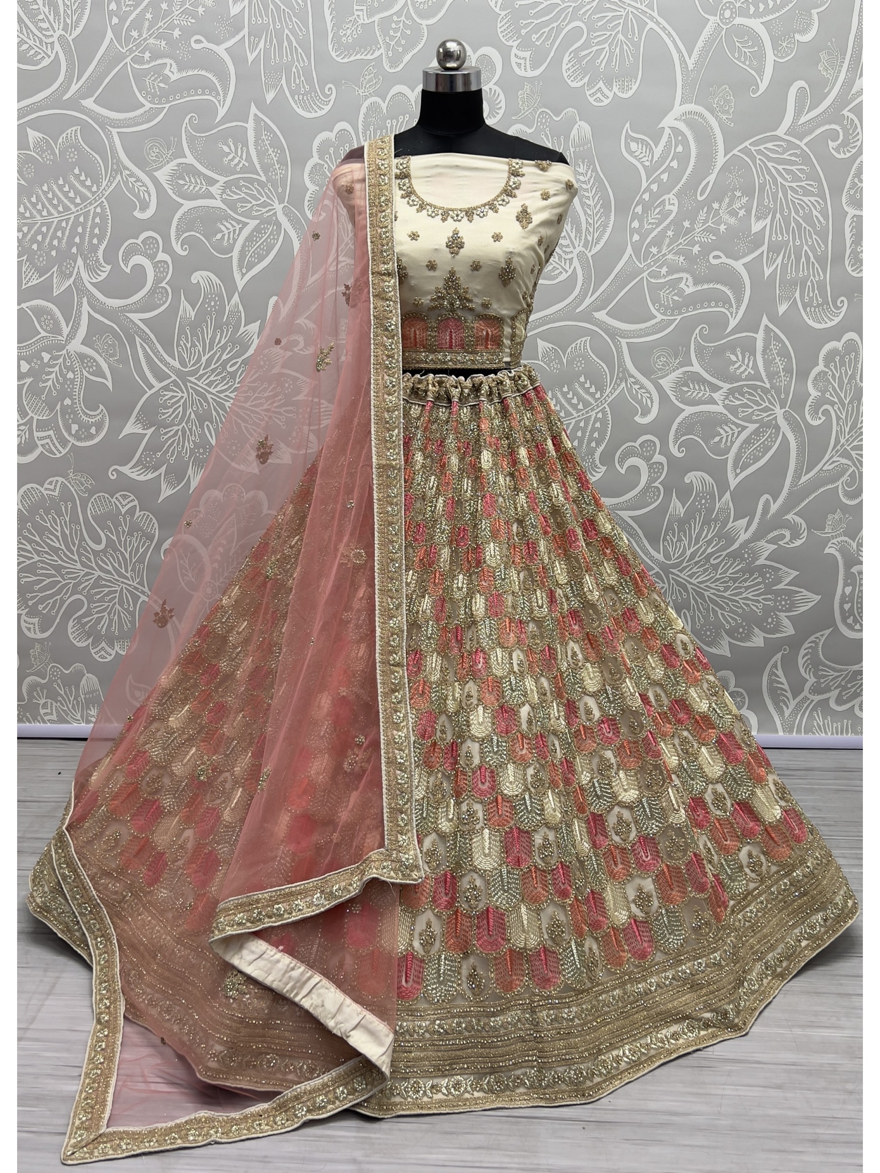 Soft Premium Net  Party Wear Lehenga In Beige Color  With Embroidery Work