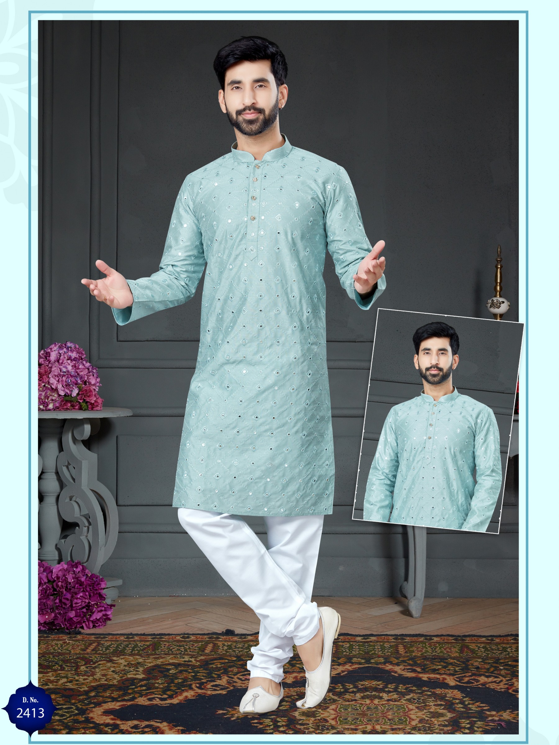 Wedding Wear Kurta set Cotton Silk fabric in Sky Blue with Embroidery Mirror work 
