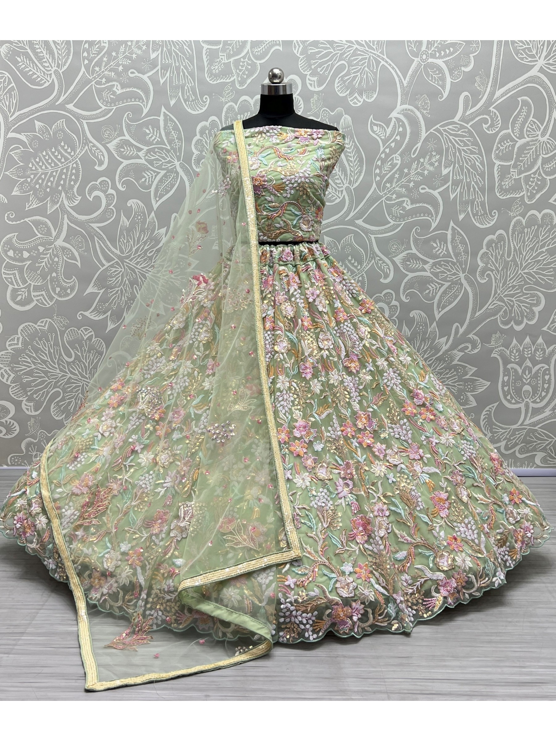 Soft Premium Net  Party Wear Lehenga In Green Color  With Embroidery Work