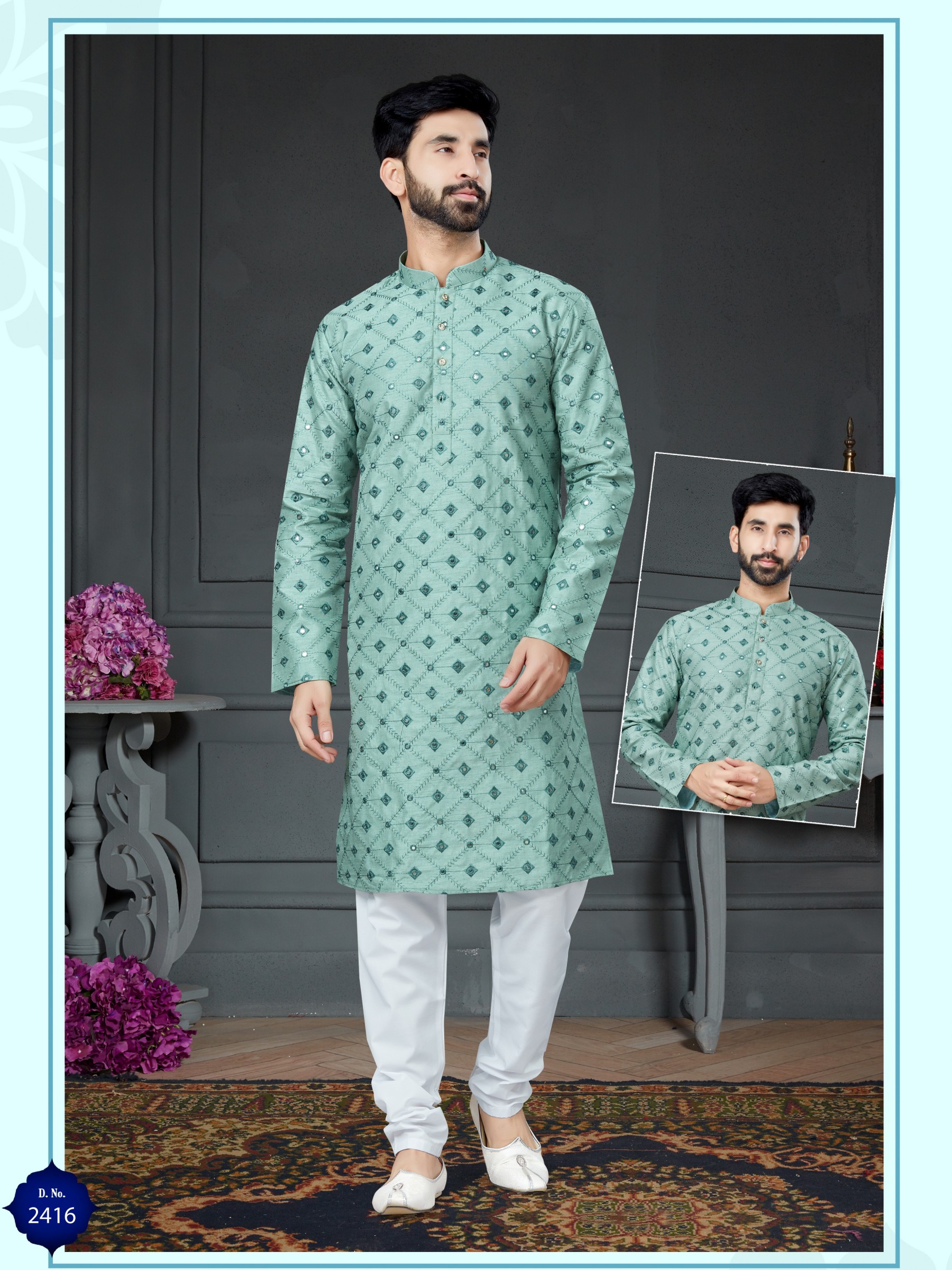 Wedding Wear Kurta set Cotton Silk fabric in Pista Green with Embroidery Mirror work 
