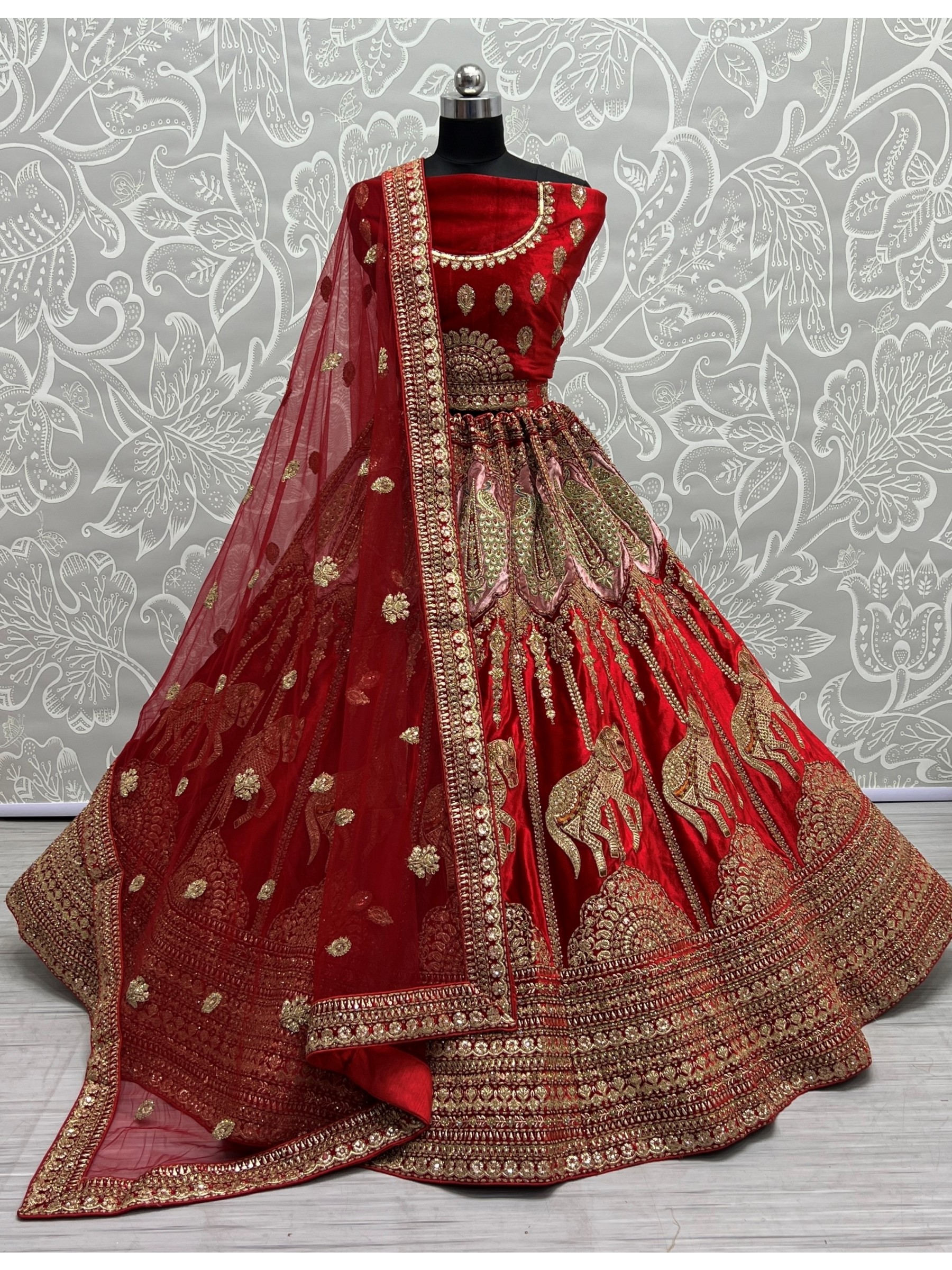 Pure Micro Velvet Bridal  Wear Lehenga In Red Color With Embroidery Work 