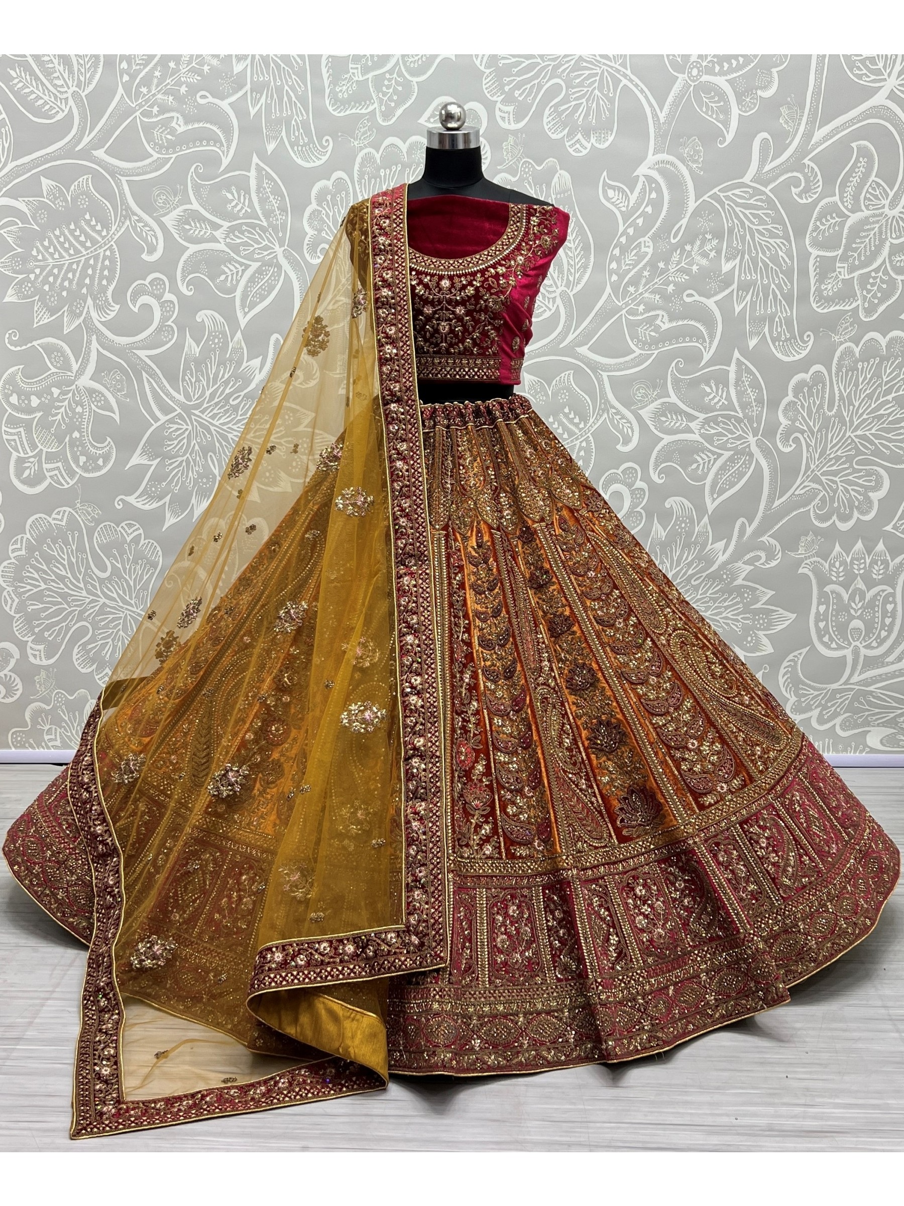 Pure Micro Velvet Bridal  Wear Lehenga In  Yellow & Pink Color With Embroidery Work 