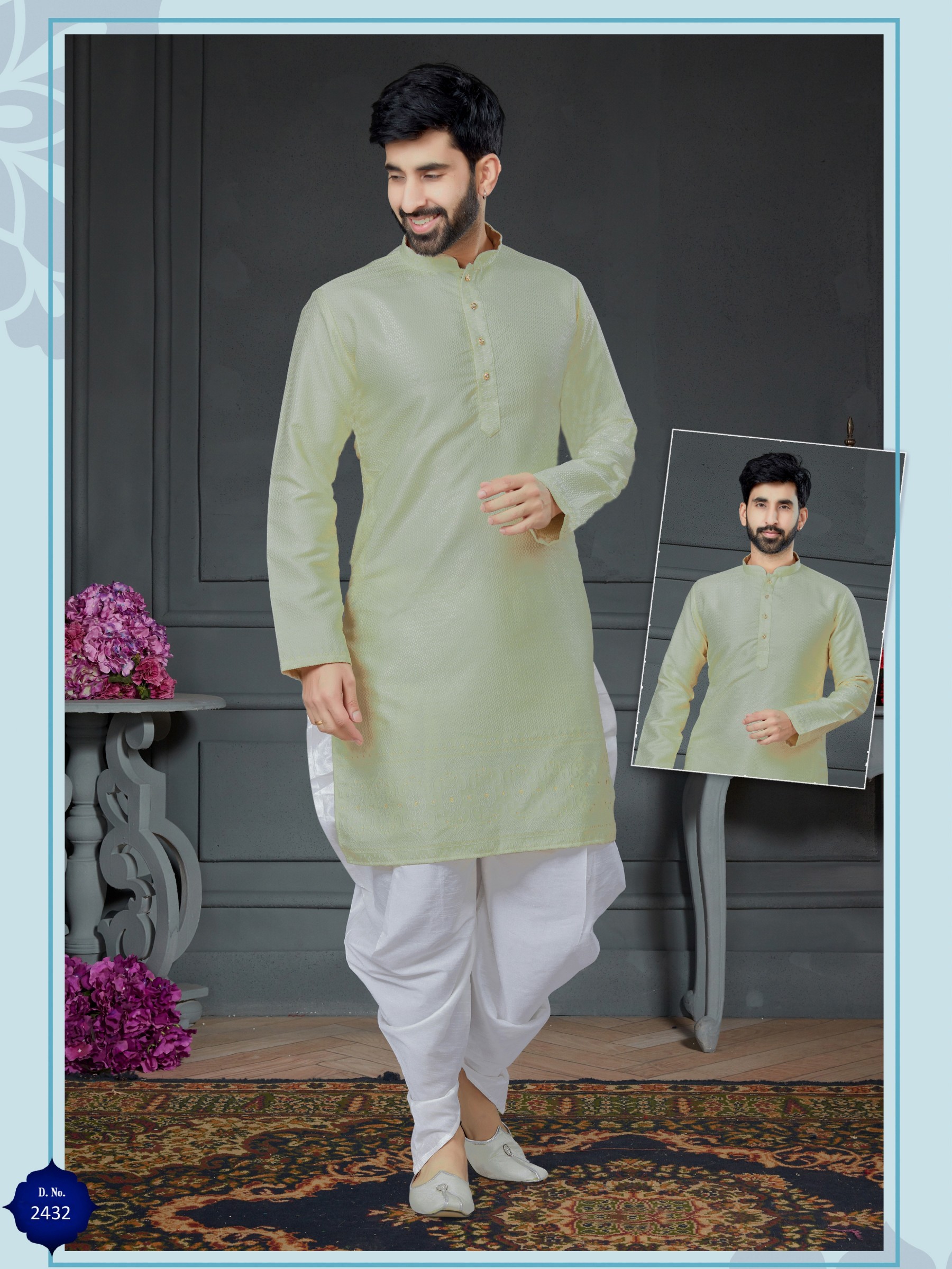 Wedding Wear Dhoti Kurta set Korean Silk fabric with Jacquard In Pista Green