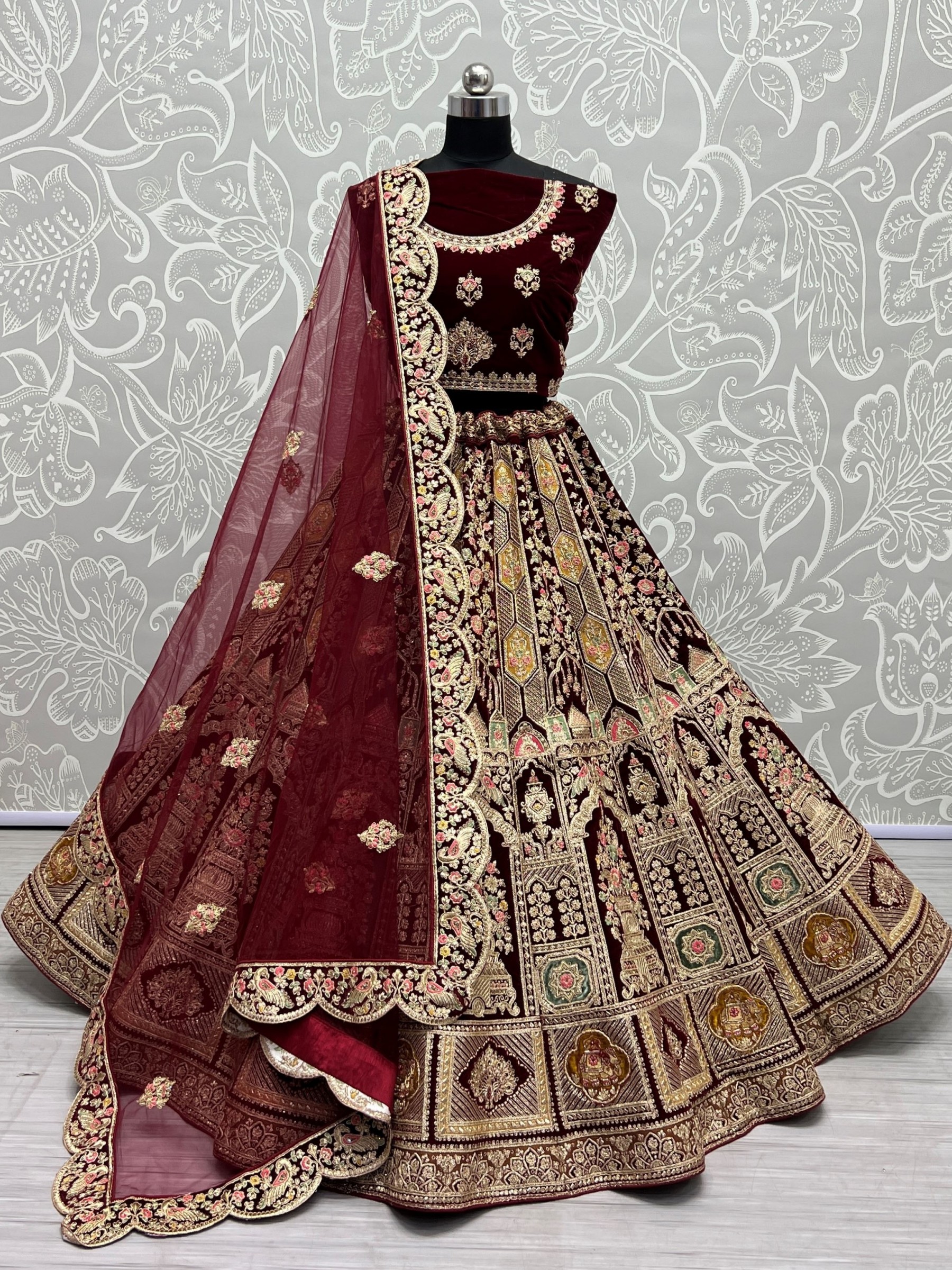 Pure Micro Velvet Wedding Wear Lehenga In Maroon Color With Embroidery Work