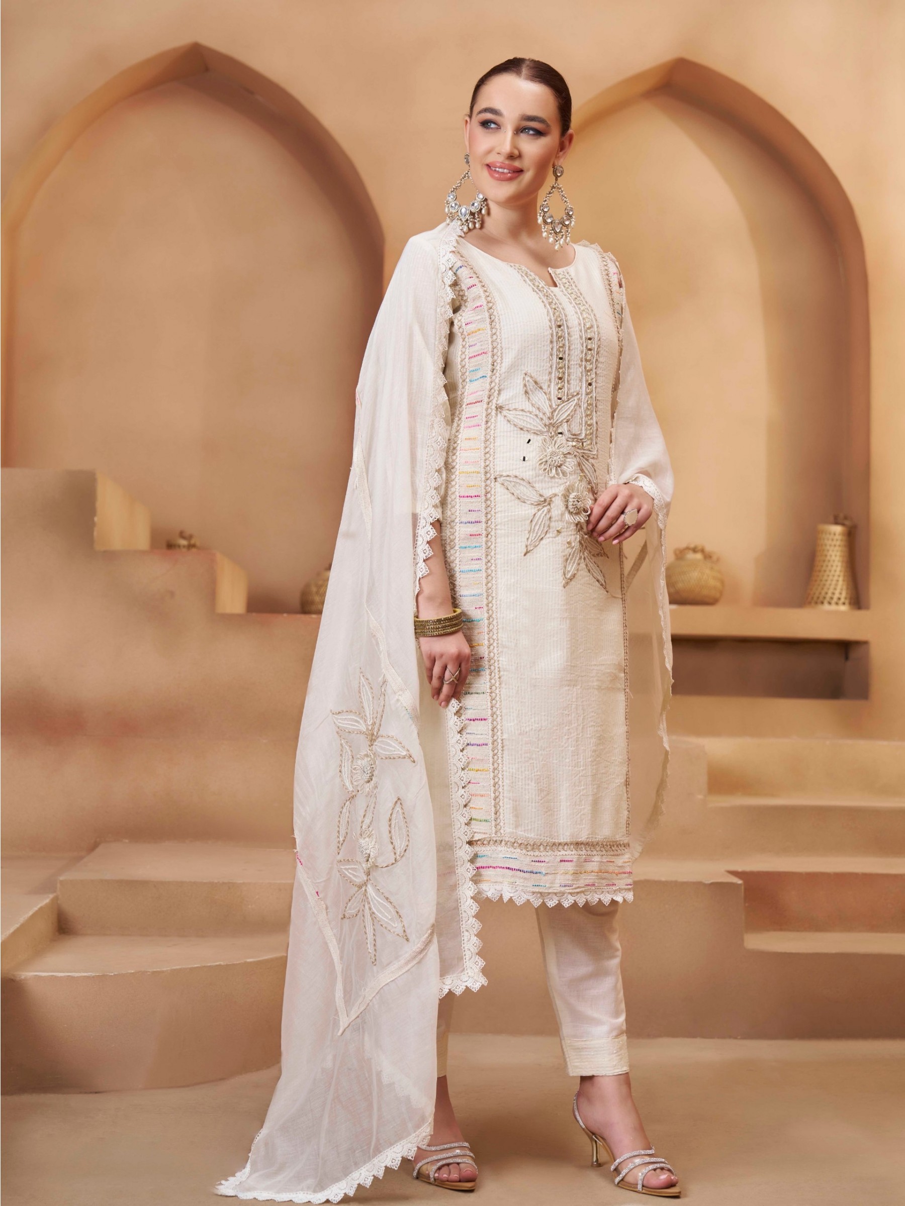 Pure Cotton Silk Party Wear Suit in Off White Color with Embroidery Work