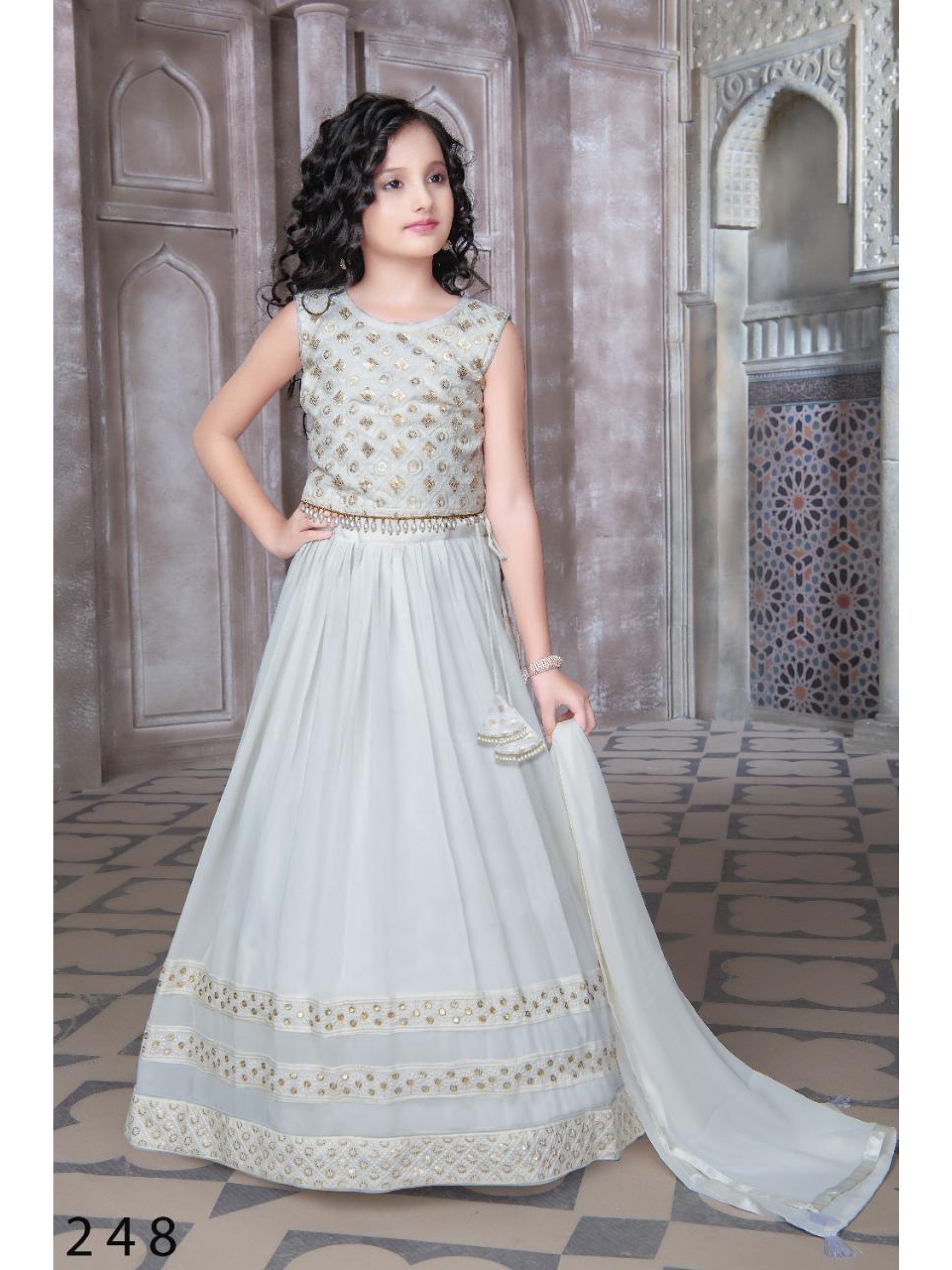 Georgette  Party Wear Kids Lehenga In Grey With Embroidery Work 