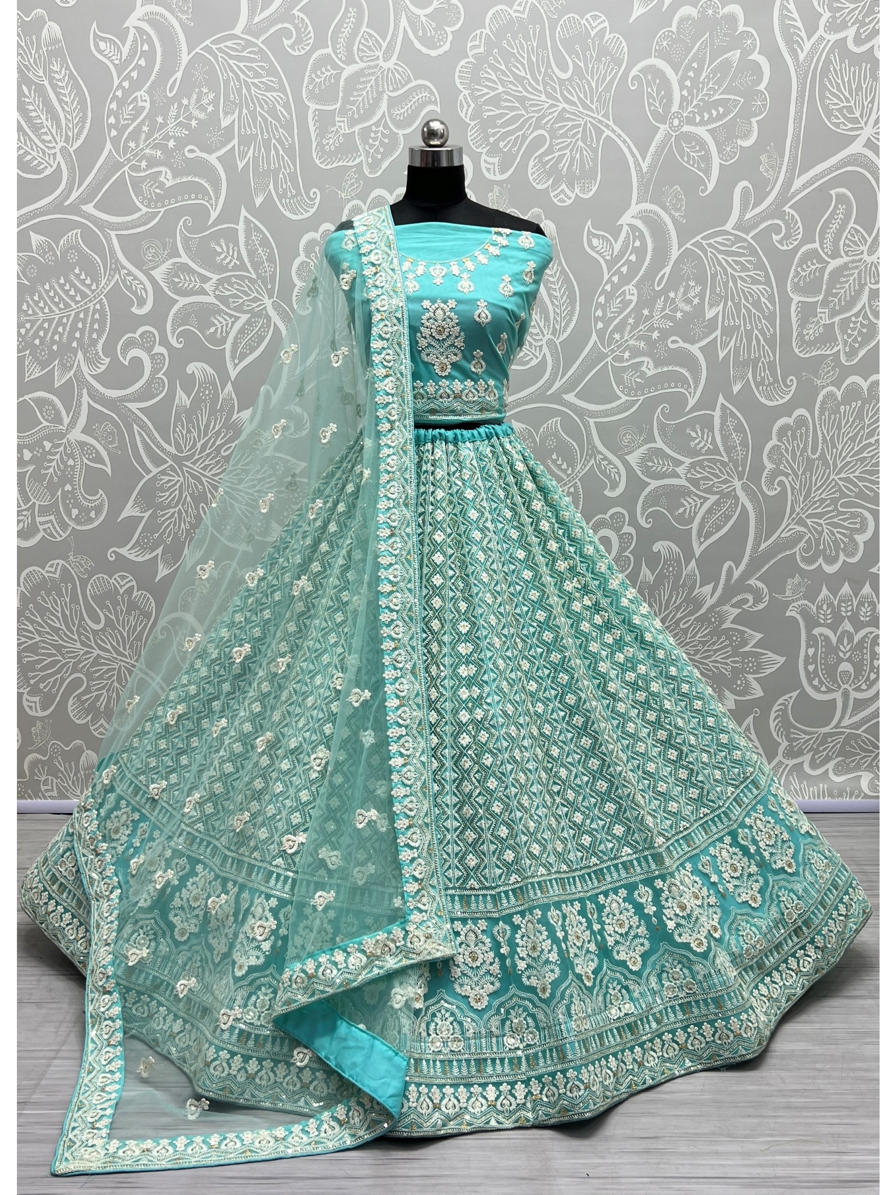 Soft Premium Net Wedding Wear Lehenga In Sea Blue Color  With Embroidery Work