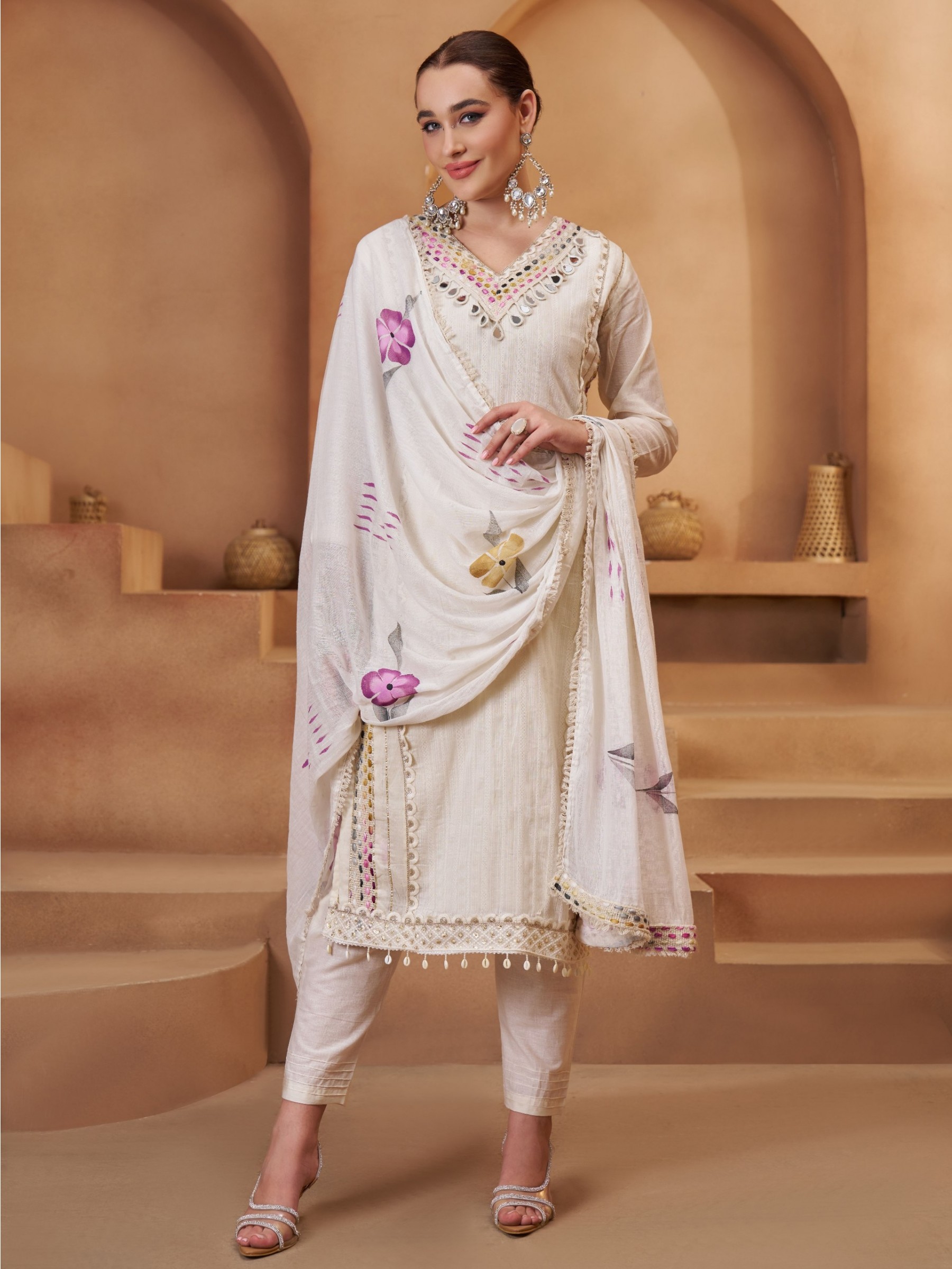 Pure Cotton Silk Party Wear Suit in Off White Color with Embroidery Work